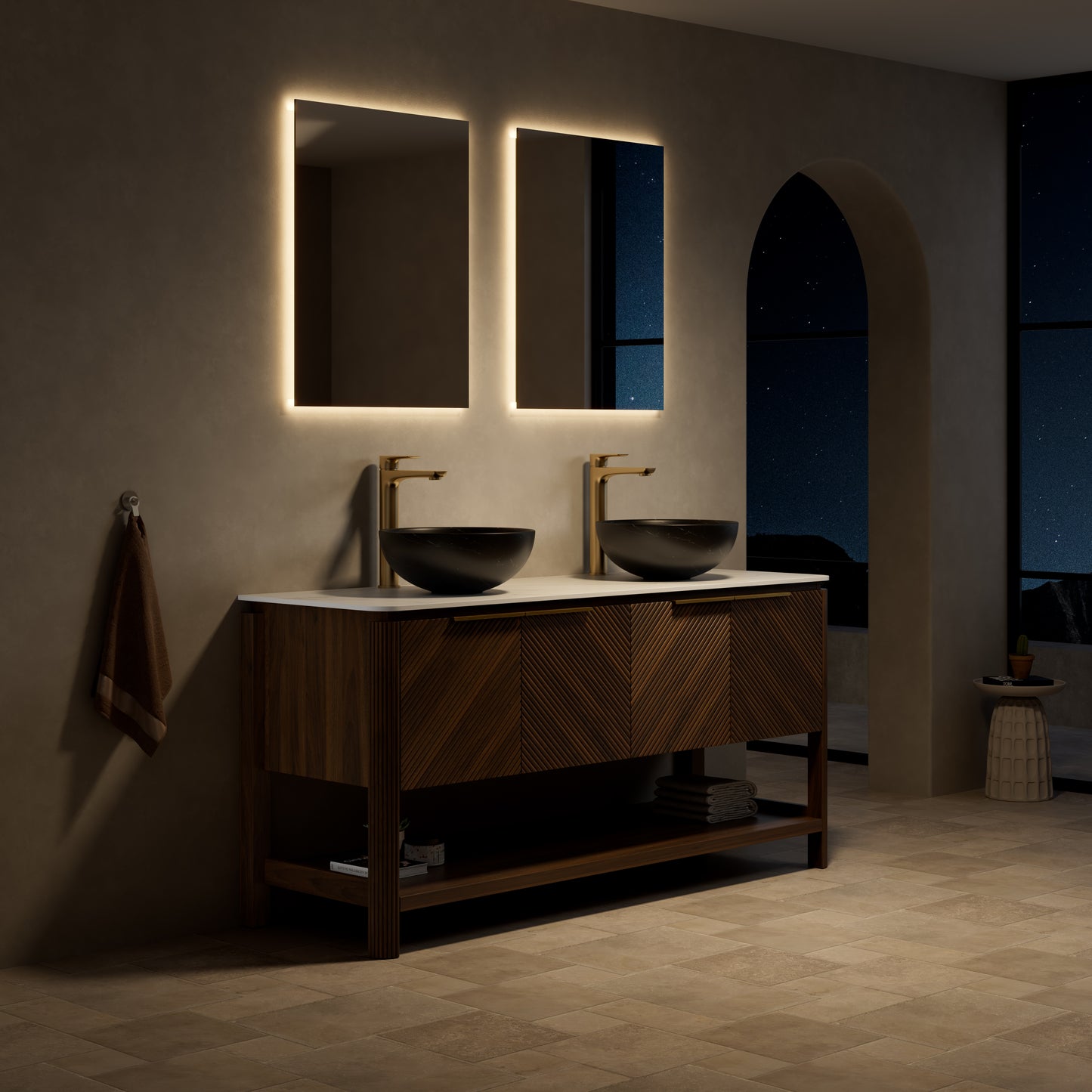 INDIGO 36" Bathroom Vanity&Sink, Freestanding Plywood Storage Cabinet with 2 Diagonal Doors&Open Shelf, Black Stone Pattern Ceramic Basin&Carrara White Sintered Stone Top, Dark Walnut Woodgrain