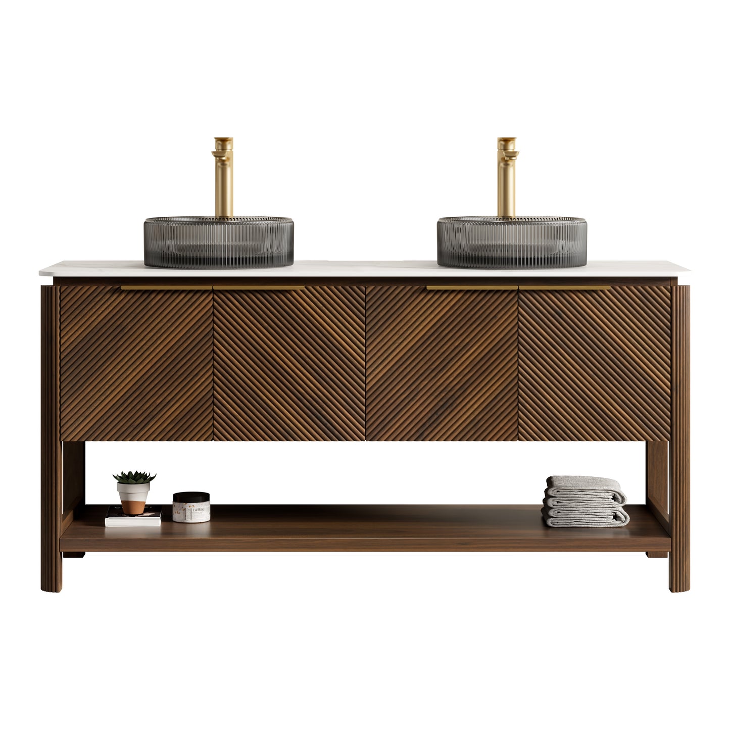 INDIGO 36" Bathroom Vanity&Sink, Freestanding Plywood Storage Cabinet with 2 Diagonal Striped Doors&Open Shelf, Black Transport Glass Basin&Carrara White Sintered Stone Top, Dark Walnut Woodgrain