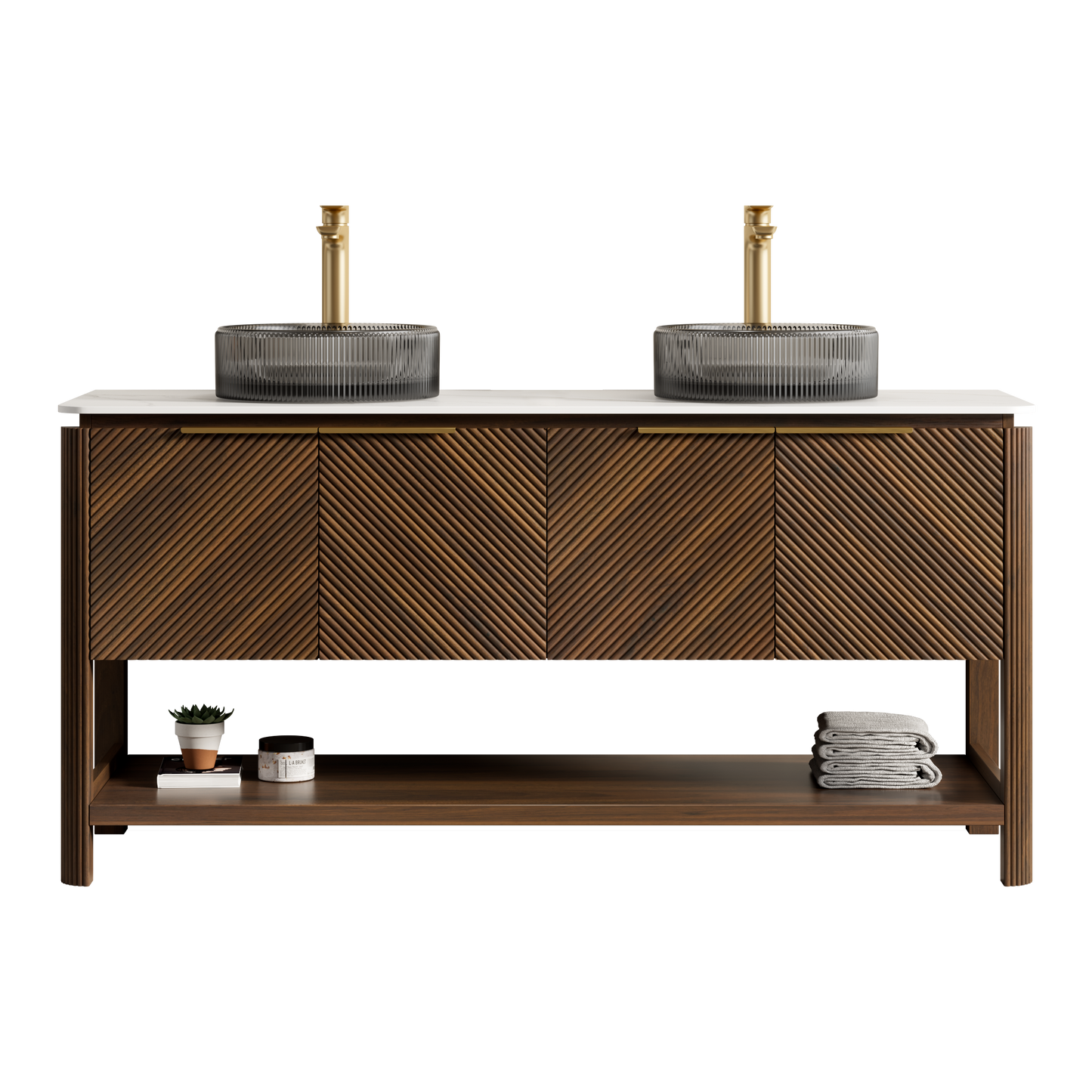 INDIGO 36" Bathroom Vanity&Sink, Freestanding Plywood Storage Cabinet with 2 Diagonal Striped Doors&Open Shelf, Black Transport Glass Basin&Carrara White Sintered Stone Top, Dark Walnut Woodgrain