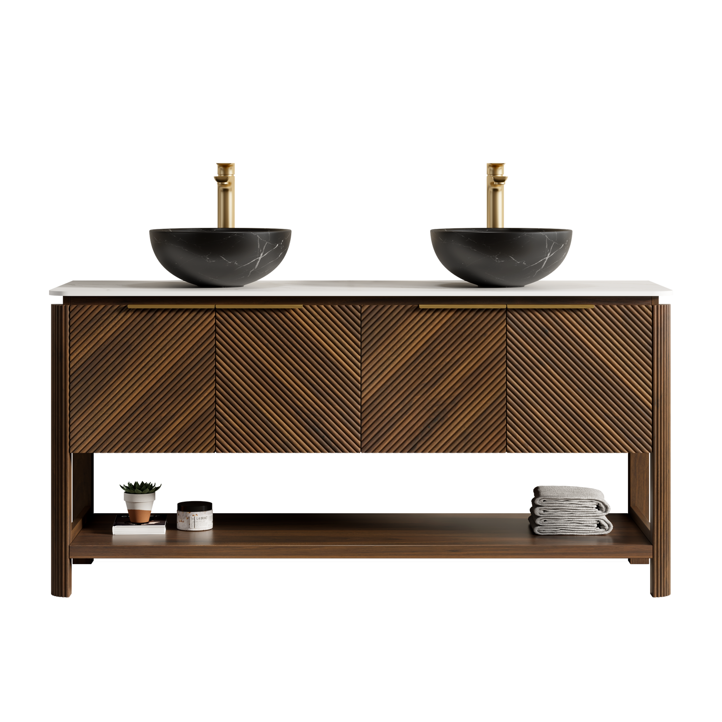INDIGO 36" Bathroom Vanity&Sink, Freestanding Plywood Storage Cabinet with 2 Diagonal Doors&Open Shelf, Black Stone Pattern Ceramic Basin&Carrara White Sintered Stone Top, Dark Walnut Woodgrain