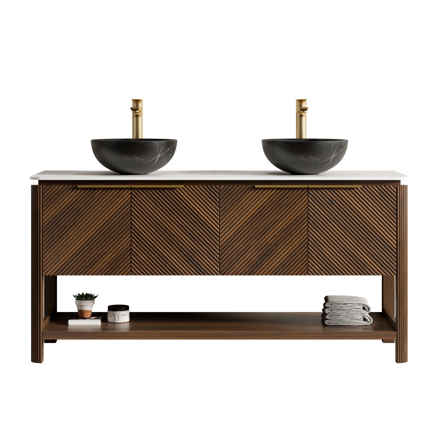 INDIGO 36" Bathroom Vanity&Sink, Freestanding Plywood Storage Cabinet with 2 Diagonal Doors&Open Shelf, Black Stone Pattern Ceramic Basin&Carrara White Sintered Stone Top, Dark Walnut Woodgrain