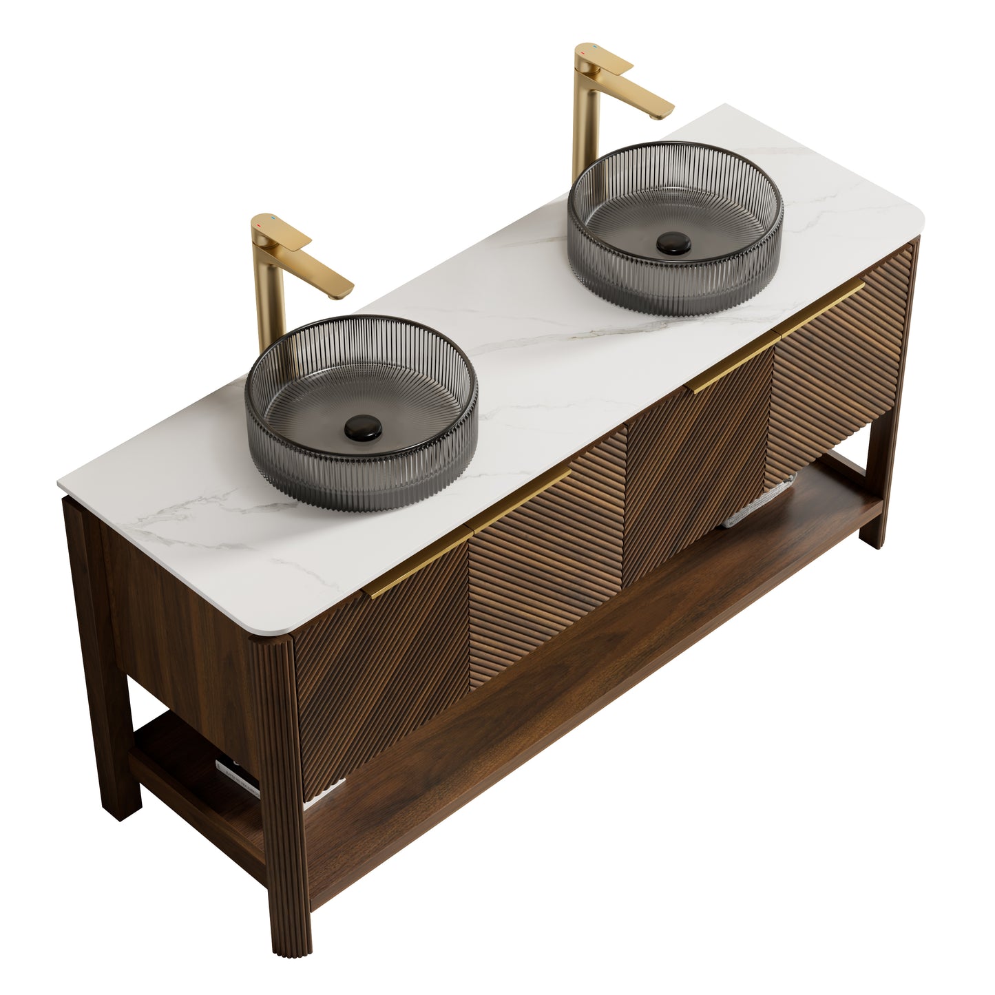 INDIGO 36" Bathroom Vanity&Sink, Freestanding Plywood Storage Cabinet with 2 Diagonal Striped Doors&Open Shelf, Black Transport Glass Basin&Carrara White Sintered Stone Top, Dark Walnut Woodgrain