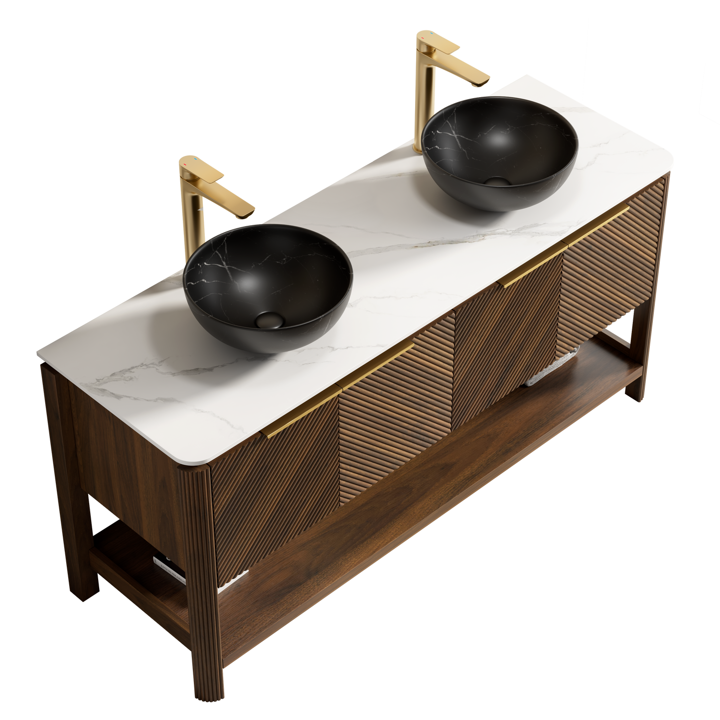 INDIGO 36" Bathroom Vanity&Sink, Freestanding Plywood Storage Cabinet with 2 Diagonal Doors&Open Shelf, Black Stone Pattern Ceramic Basin&Carrara White Sintered Stone Top, Dark Walnut Woodgrain
