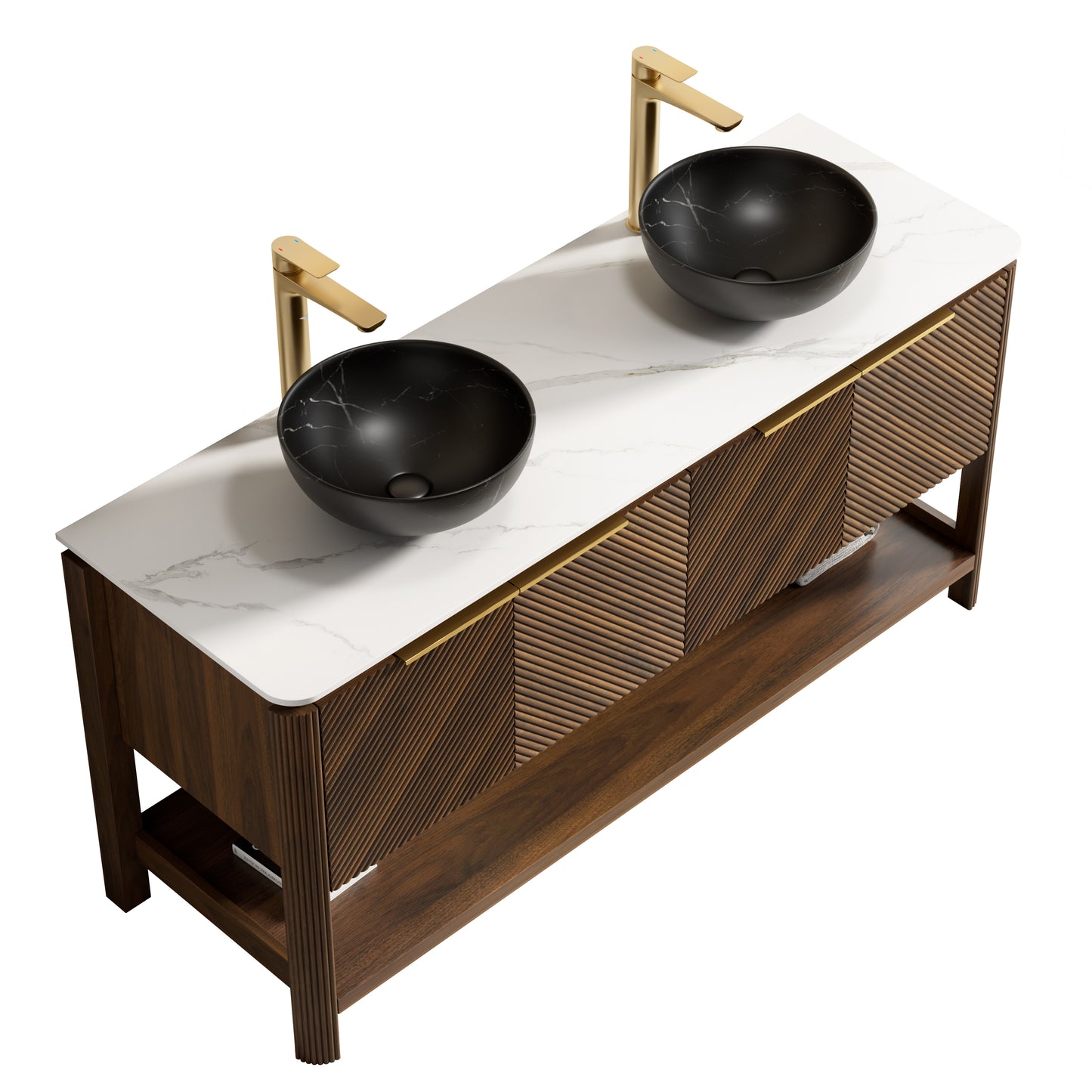 INDIGO 36" Bathroom Vanity&Sink, Freestanding Plywood Storage Cabinet with 2 Diagonal Doors&Open Shelf, Black Stone Pattern Ceramic Basin&Carrara White Sintered Stone Top, Dark Walnut Woodgrain