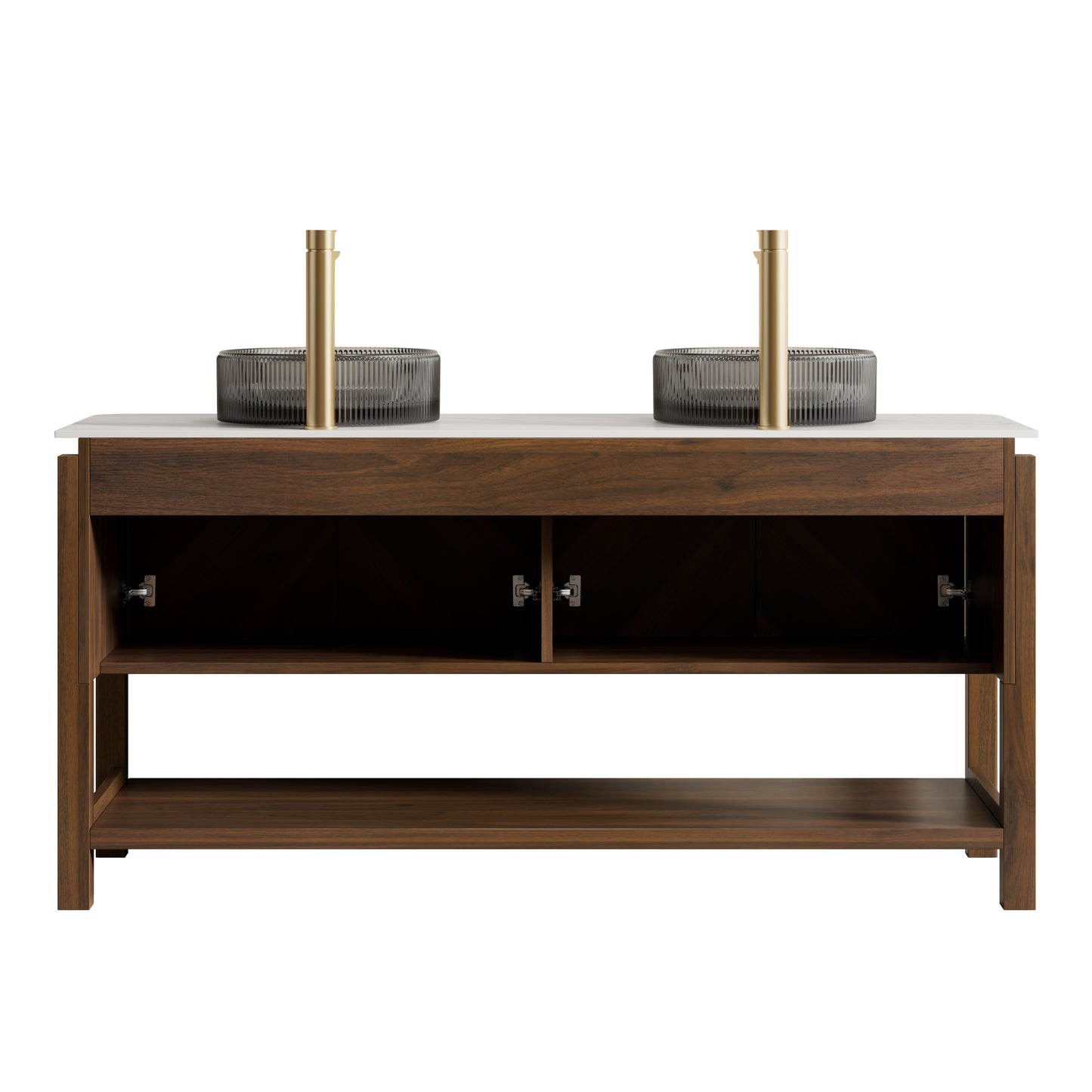 INDIGO 36" Bathroom Vanity&Sink, Freestanding Plywood Storage Cabinet with 2 Diagonal Striped Doors&Open Shelf, Black Transport Glass Basin&Carrara White Sintered Stone Top, Dark Walnut Woodgrain