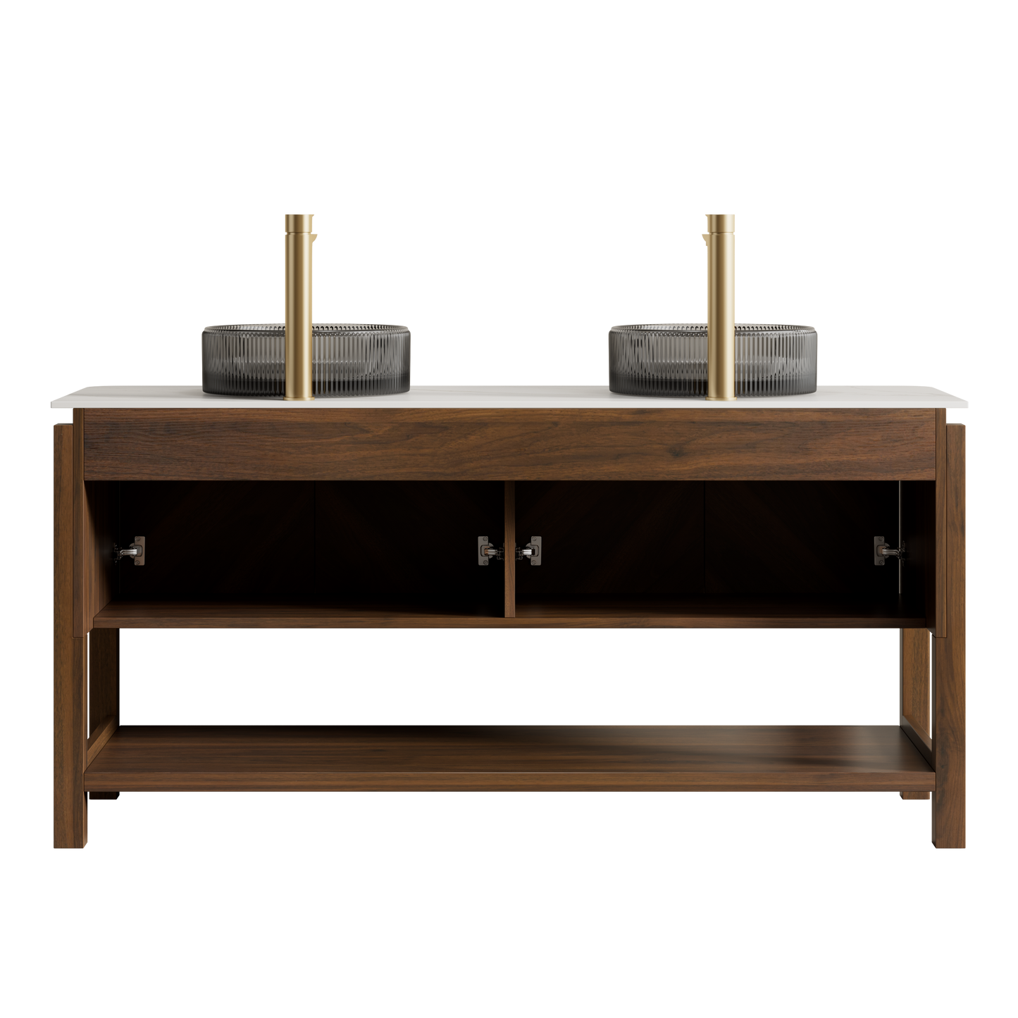 INDIGO 36" Bathroom Vanity&Sink, Freestanding Plywood Storage Cabinet with 2 Diagonal Striped Doors&Open Shelf, Black Transport Glass Basin&Carrara White Sintered Stone Top, Dark Walnut Woodgrain