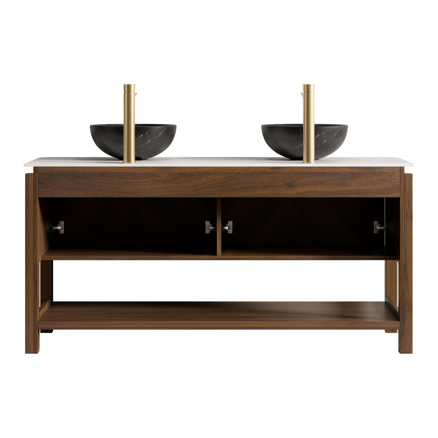 INDIGO 36" Bathroom Vanity&Sink, Freestanding Plywood Storage Cabinet with 2 Diagonal Doors&Open Shelf, Black Stone Pattern Ceramic Basin&Carrara White Sintered Stone Top, Dark Walnut Woodgrain