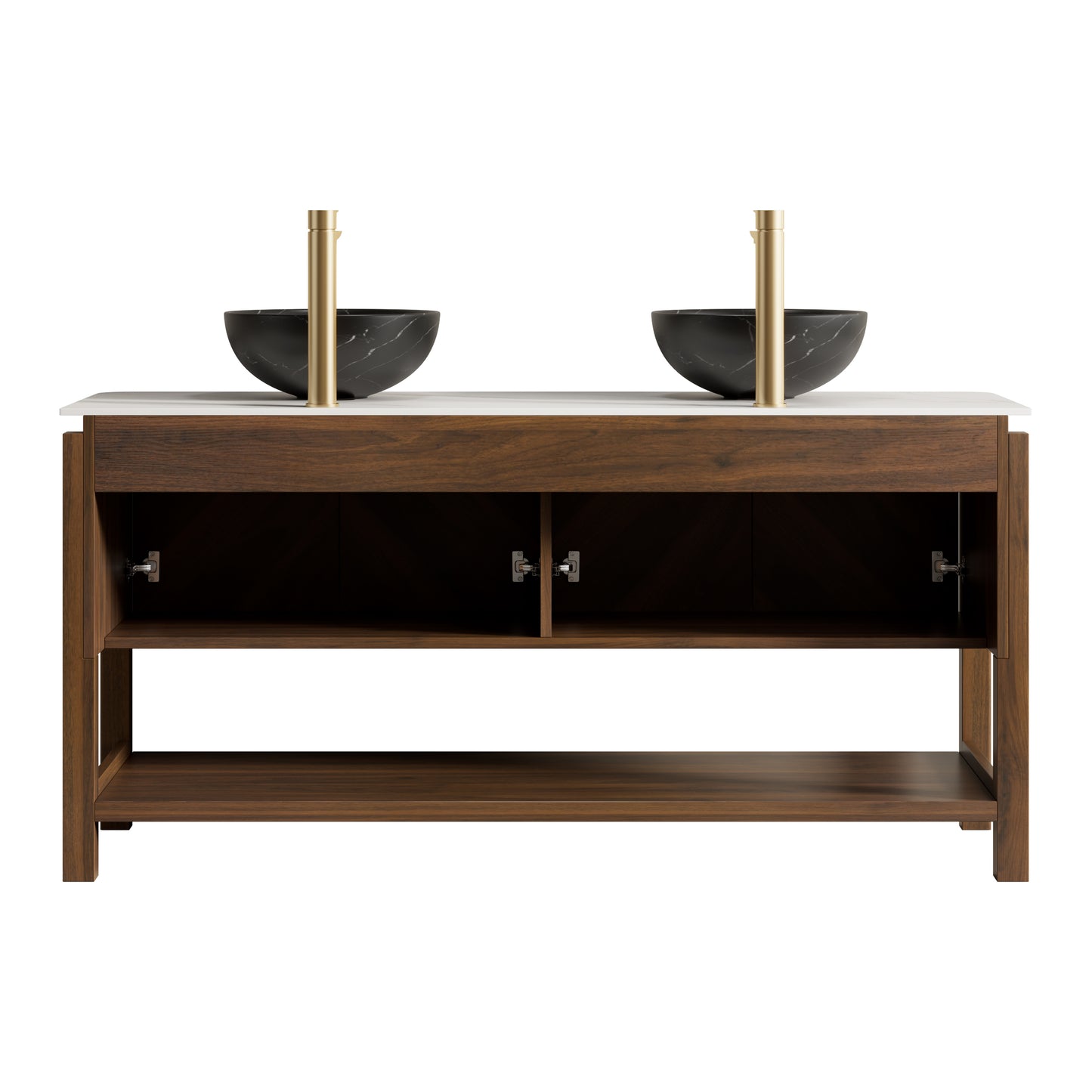INDIGO 36" Bathroom Vanity&Sink, Freestanding Plywood Storage Cabinet with 2 Diagonal Doors&Open Shelf, Black Stone Pattern Ceramic Basin&Carrara White Sintered Stone Top, Dark Walnut Woodgrain