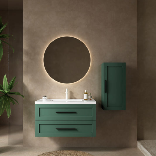 JODI Bathroom Vanity with Sink, Modern Wall-Mounted Floating Bathroom Storage Cabinet with 2 Drawers (NO side cabinet), White Ceramic Basin without Faucet, Green