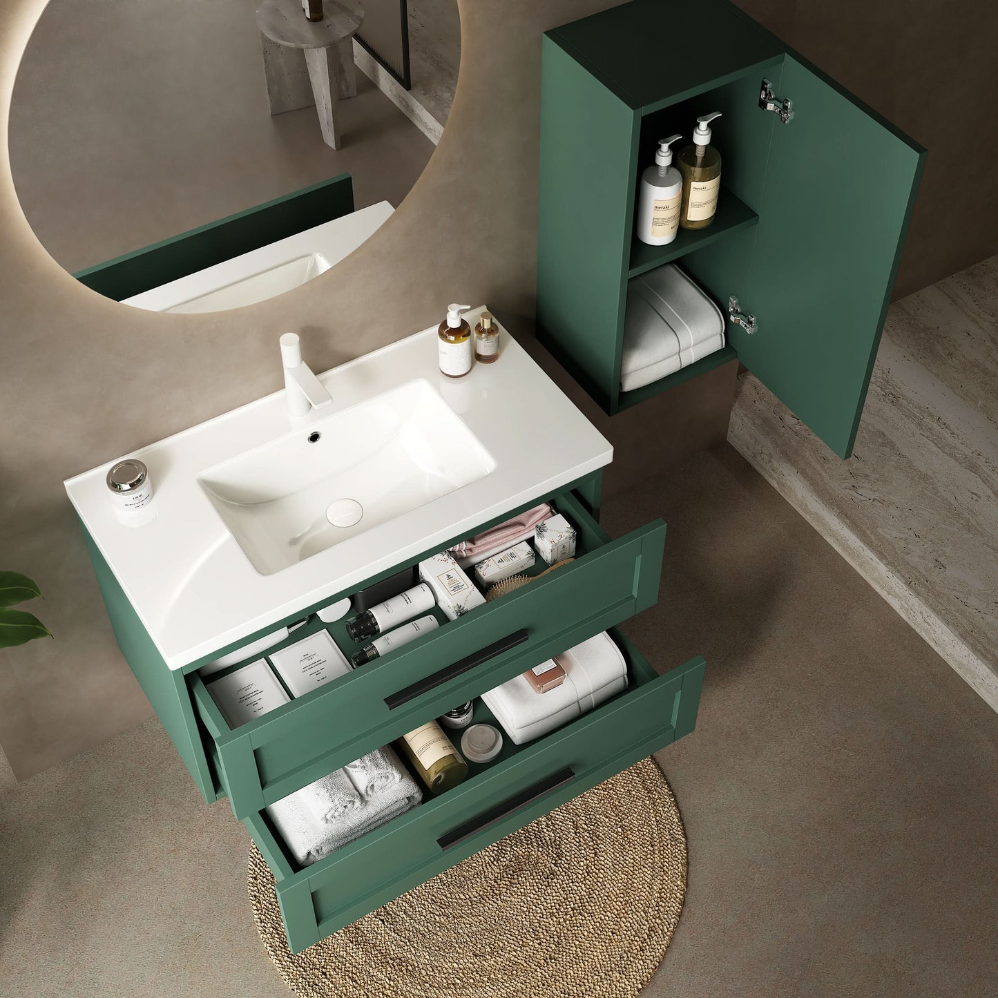 JODI Bathroom Vanity with Sink, Modern Wall-Mounted Floating Bathroom Storage Cabinet with 2 Drawers (NO side cabinet), White Ceramic Basin without Faucet, Green