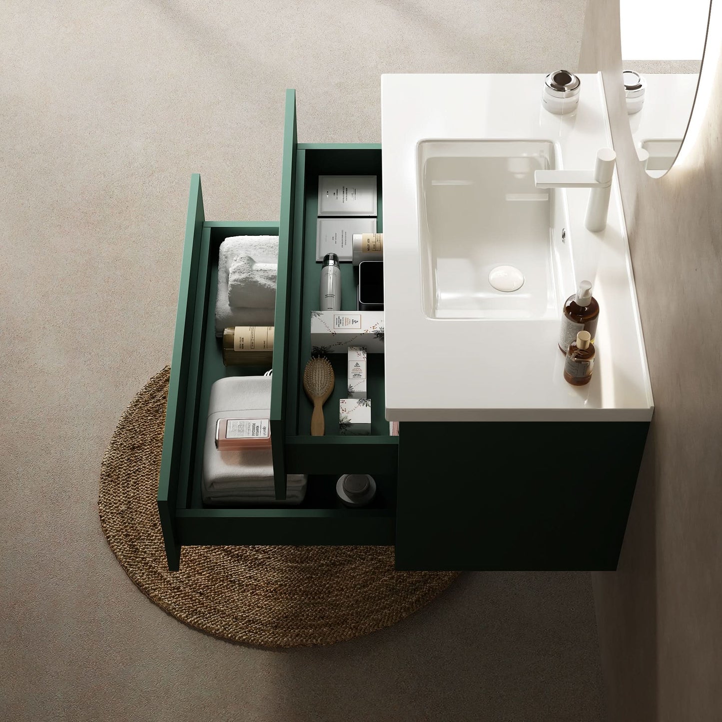 JODI Bathroom Vanity with Sink, Modern Wall-Mounted Floating Bathroom Storage Cabinet with 2 Drawers (NO side cabinet), White Ceramic Basin without Faucet, Green