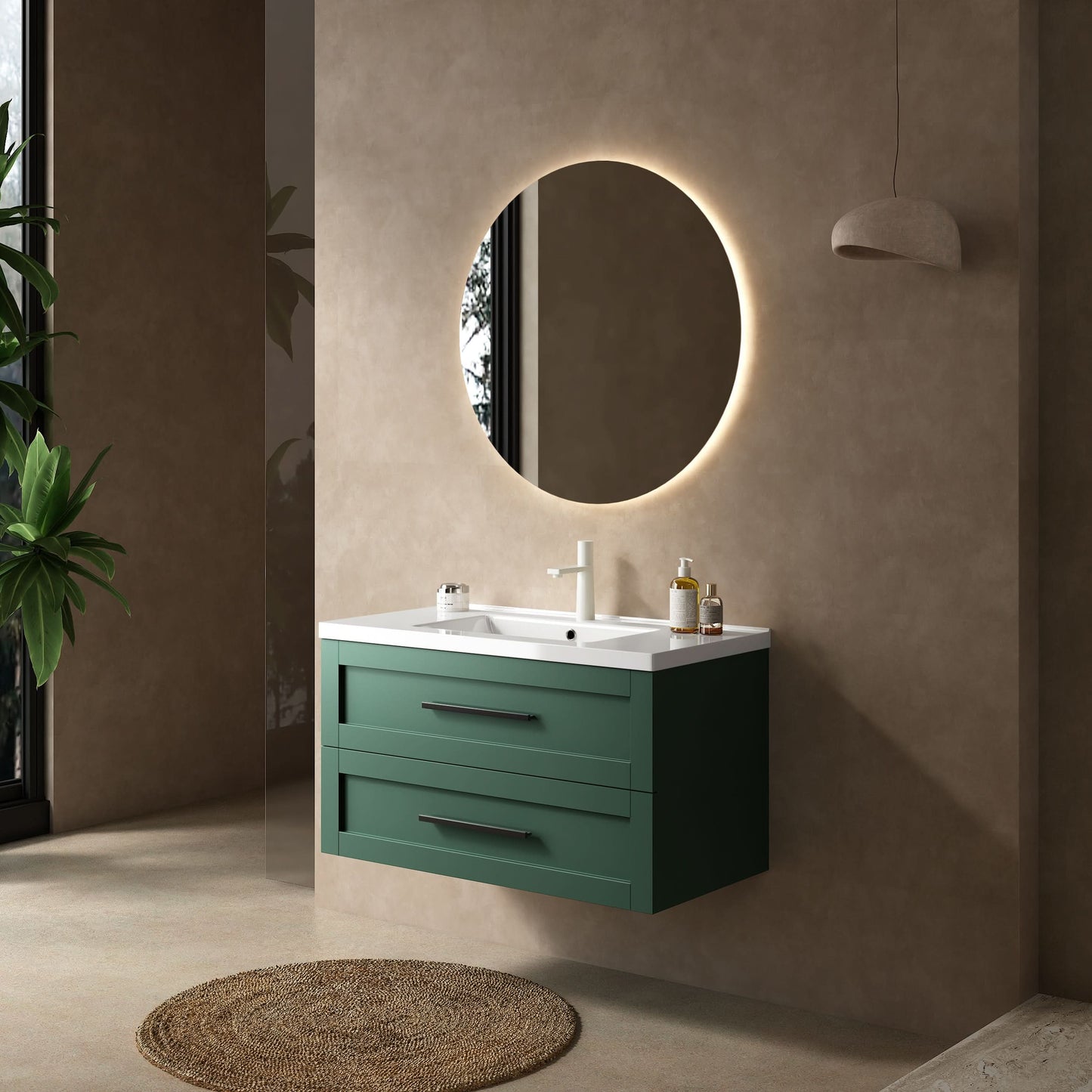 JODI Bathroom Vanity with Sink, Modern Wall-Mounted Floating Bathroom Storage Cabinet with 2 Drawers (NO side cabinet), White Ceramic Basin without Faucet, Green