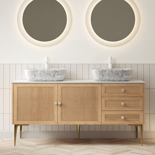 MUNIN 60" Bathroom Vanity&Sinks, Freestanding Plywood Storage Cabinet with Legs, 2 Door&3 Drawers, Carrara White Sintered Stone Top&2 Marble Pattern Ceramic Basins, Pre-assembled, Oak Woodgrain