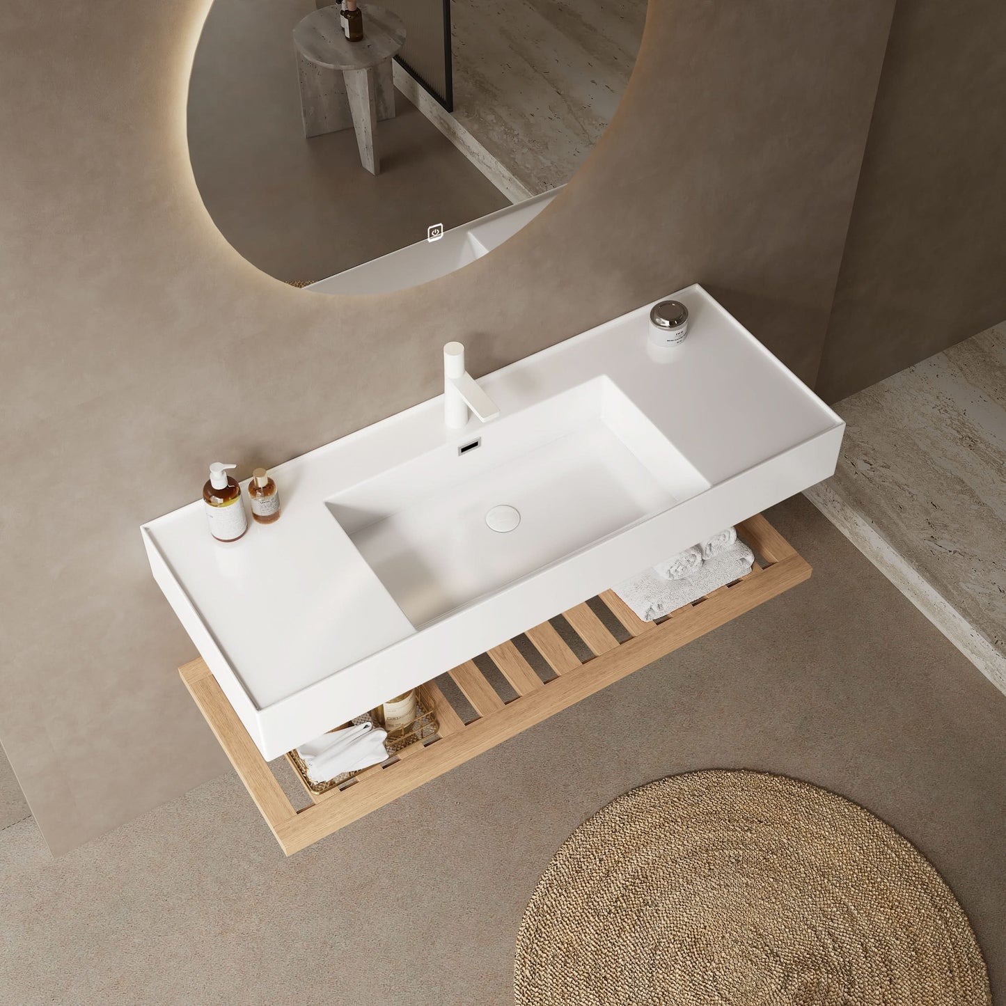 LEDE Bathroom Vanity with Vessel Sink, Wall-Mounted Floating White Rectangular Acrylic Integrated Basin