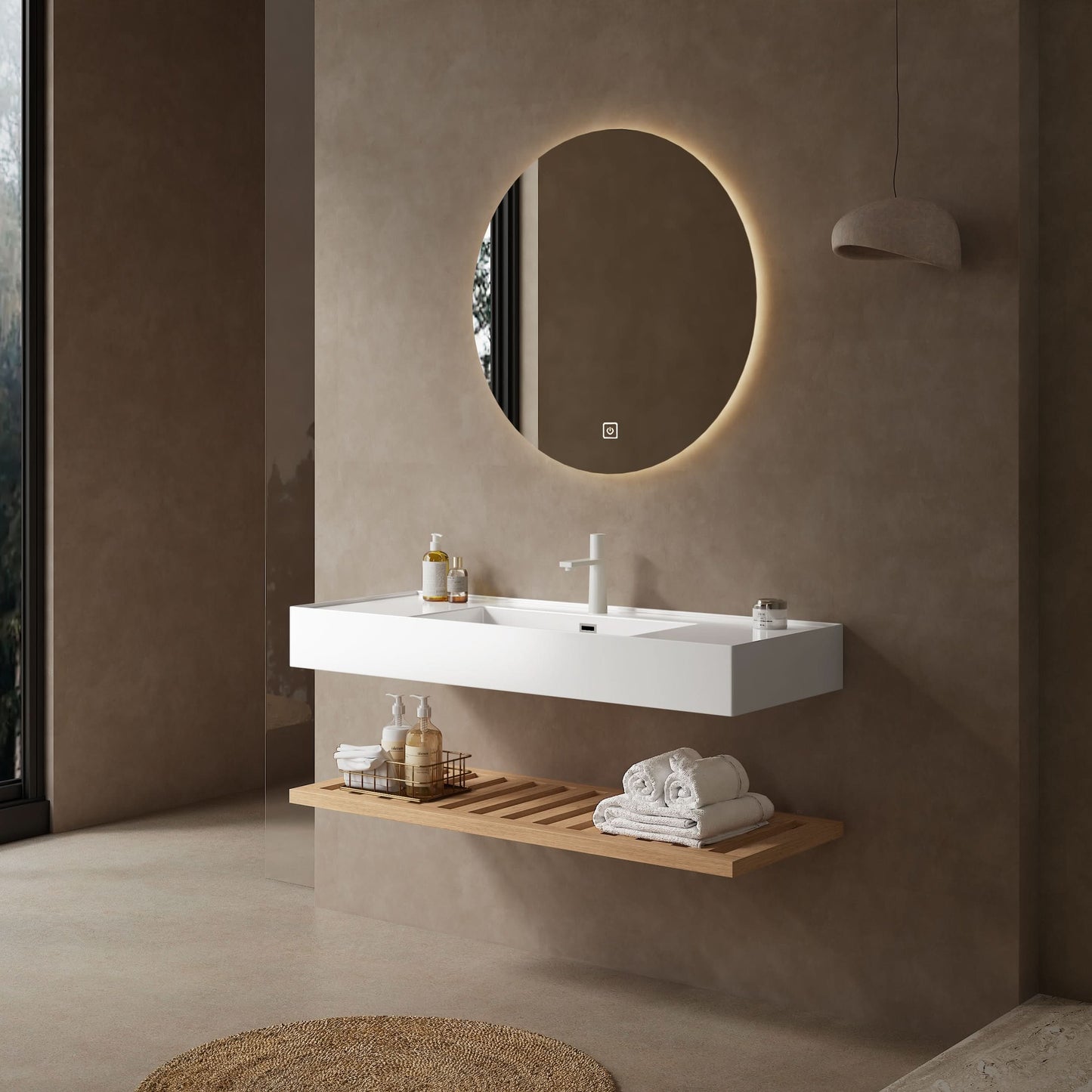 LEDE Bathroom Vanity with Vessel Sink, Wall-Mounted Floating White Rectangular Acrylic Integrated Basin