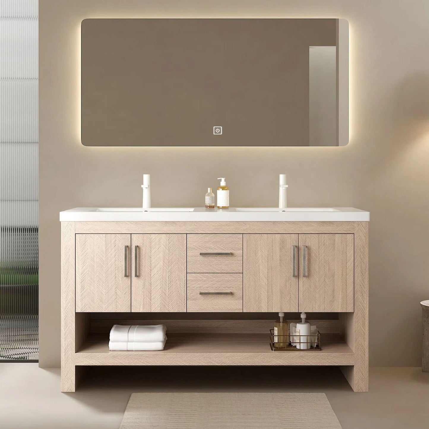 LUCCI 60" Bathroom Vanity with 2 Sinks, Freestanding Plywood Storage Cabinet with 2 Drawers