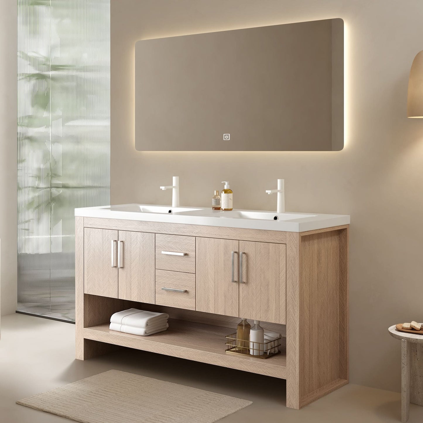 LUCCI 60" Bathroom Vanity with 2 Sinks, Freestanding Plywood Storage Cabinet with 2 Drawers