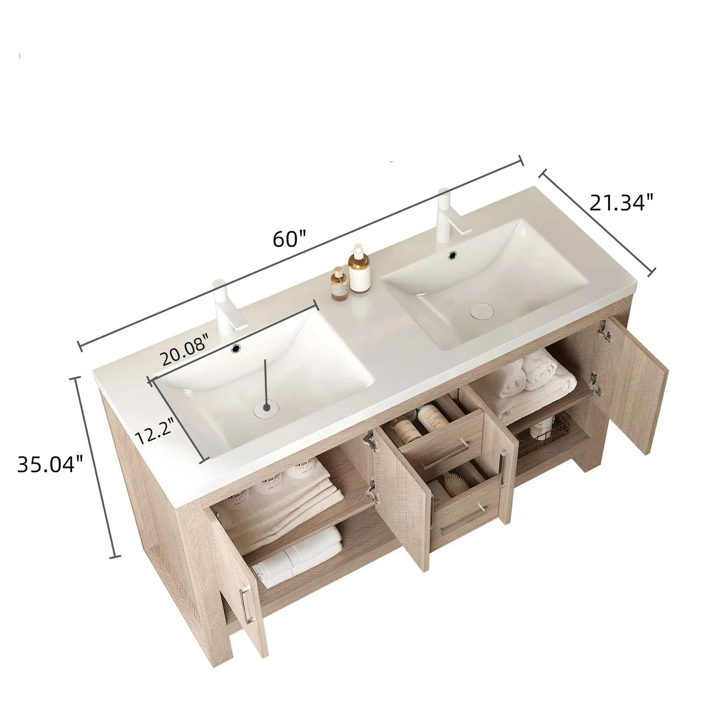 LUCCI 60" Bathroom Vanity with 2 Sinks, Freestanding Plywood Storage Cabinet with 2 Drawers