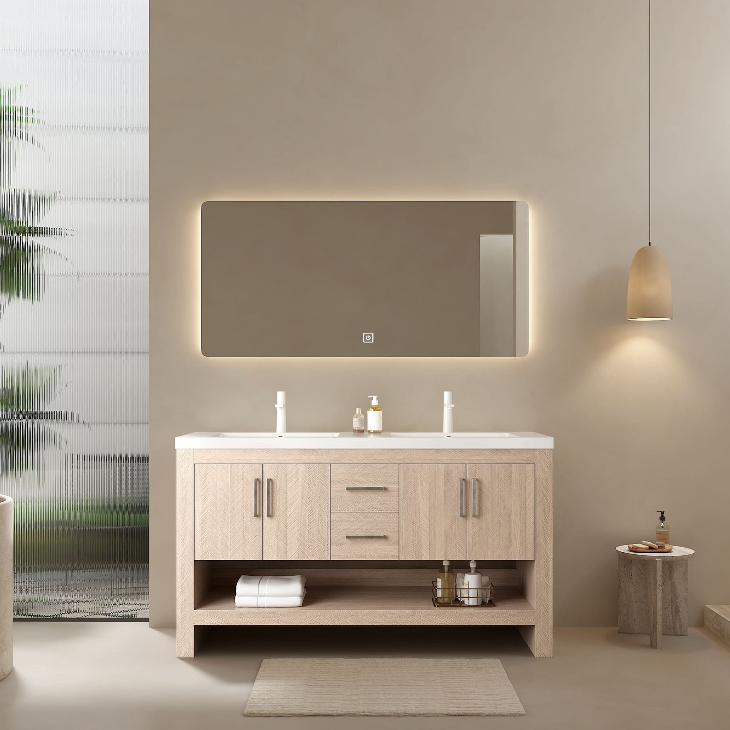 LUCCI 60" Bathroom Vanity with 2 Sinks, Freestanding Plywood Storage Cabinet with 2 Drawers