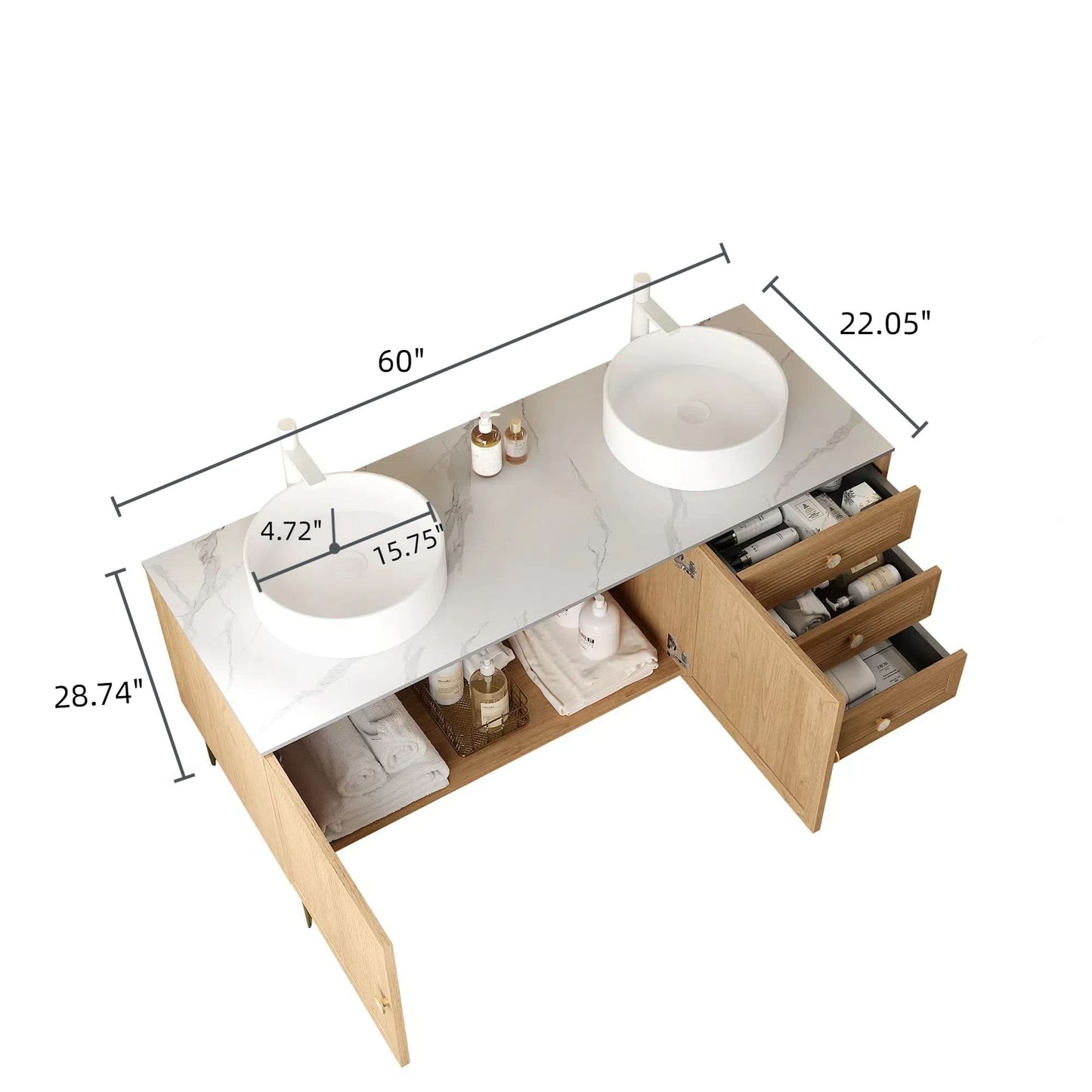 MUNIN 60" Bathroom Vanity with 2 Sinks, Freestanding Plywood Storage Cabinet