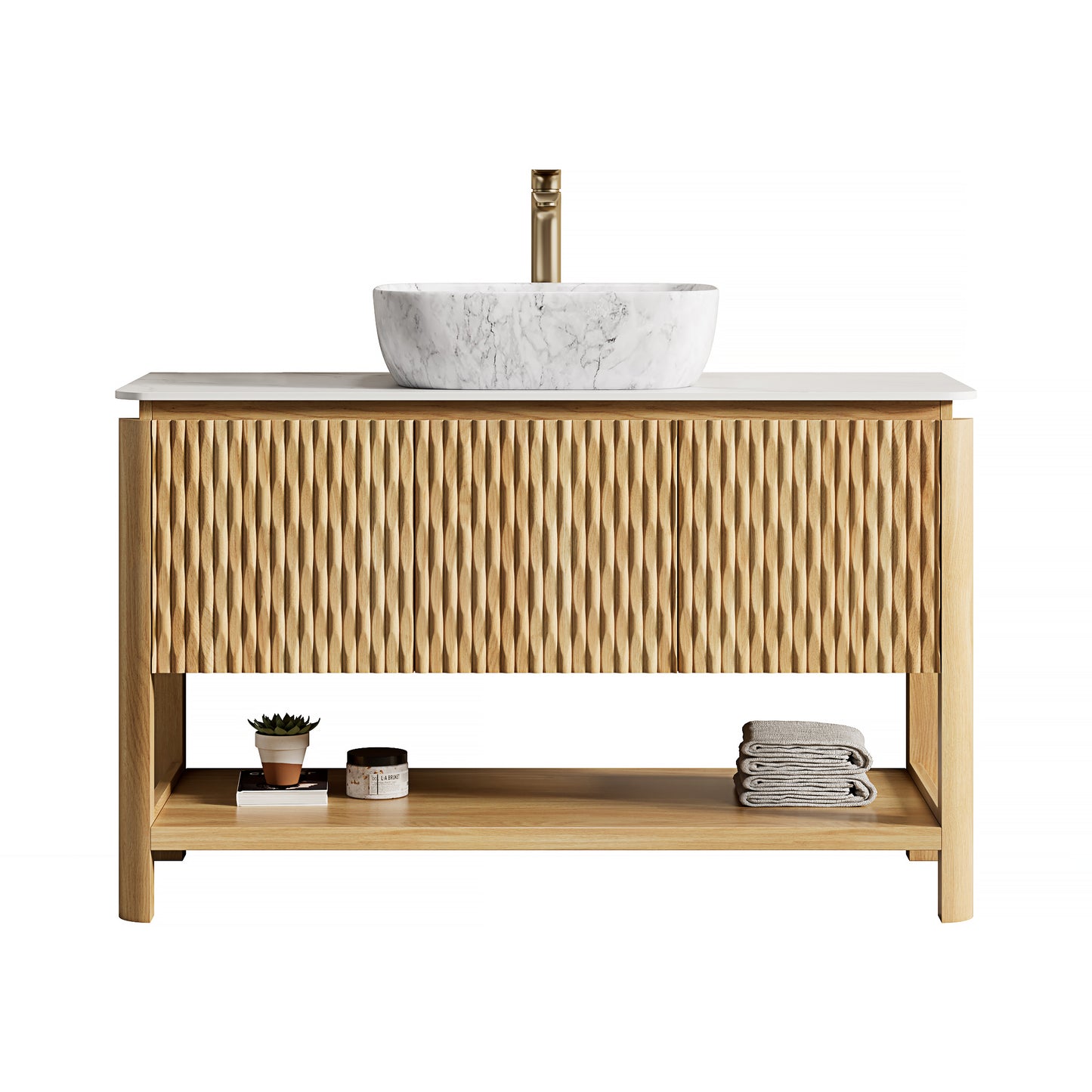 SHARMA 60" Bathroom Vanity&Sinks, Freestanding Plywood Storage Cabinet with 4 Bamboo Texture Doors&Open Shelf, 2 Marble Pattern Ceramic Basins&Carrara White Sintered Stone Top, Woodgrain Color