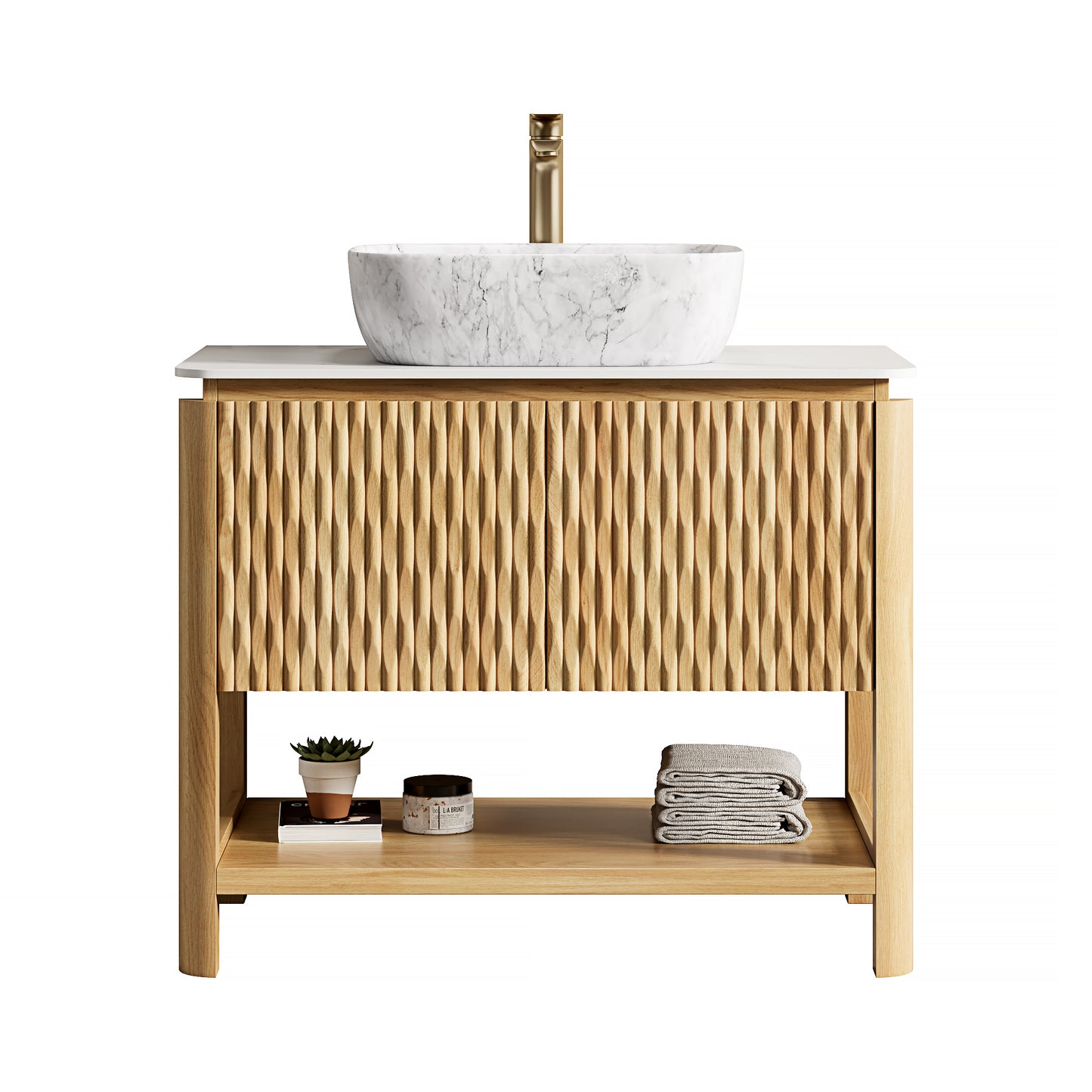 SHARMA 60" Bathroom Vanity&Sinks, Freestanding Plywood Storage Cabinet with 4 Bamboo Texture Doors&Open Shelf, 2 Marble Pattern Ceramic Basins&Carrara White Sintered Stone Top, Woodgrain Color