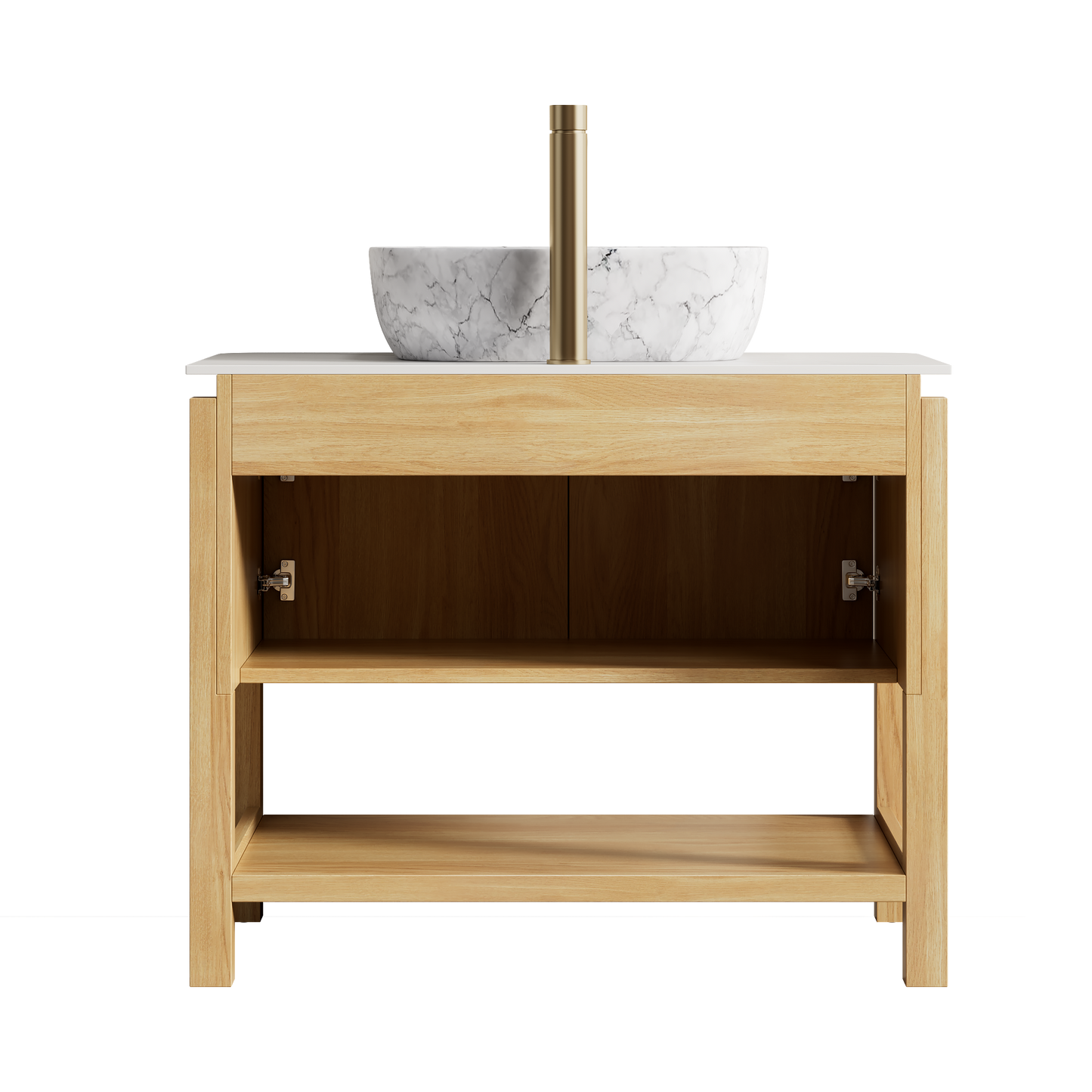 SHARMA 60" Bathroom Vanity&Sinks, Freestanding Plywood Storage Cabinet with 4 Bamboo Texture Doors&Open Shelf, 2 Marble Pattern Ceramic Basins&Carrara White Sintered Stone Top, Woodgrain Color