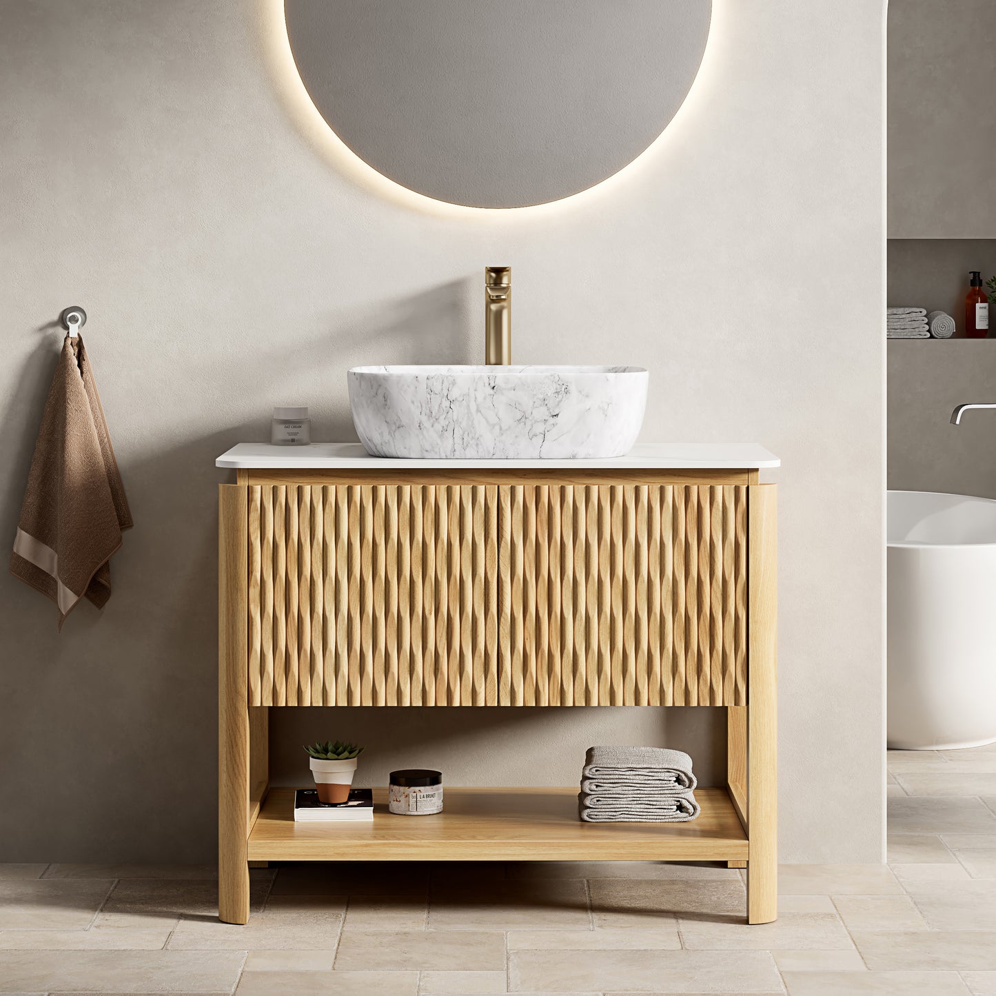 SHARMA 60" Bathroom Vanity&Sinks, Freestanding Plywood Storage Cabinet with 4 Bamboo Texture Doors&Open Shelf, 2 Marble Pattern Ceramic Basins&Carrara White Sintered Stone Top, Woodgrain Color