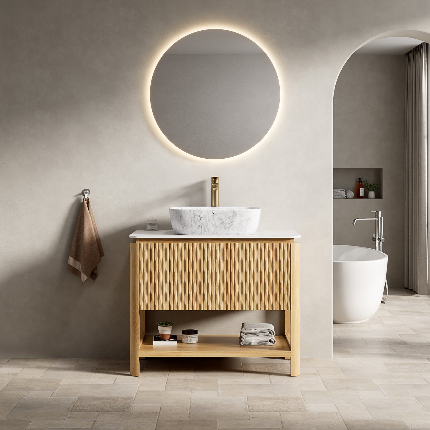 SHARMA 60" Bathroom Vanity&Sinks, Freestanding Plywood Storage Cabinet with 4 Bamboo Texture Doors&Open Shelf, 2 Marble Pattern Ceramic Basins&Carrara White Sintered Stone Top, Woodgrain Color