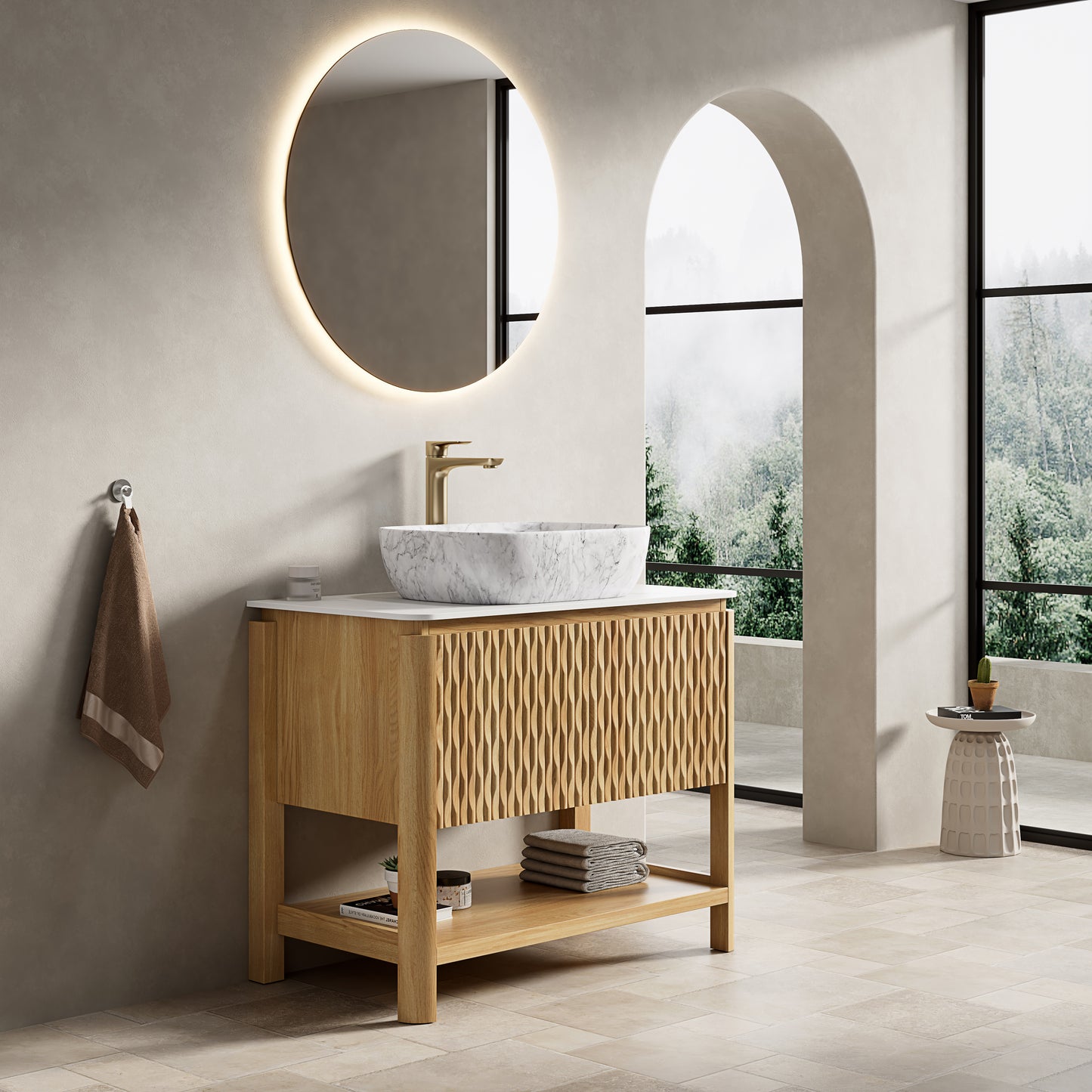 SHARMA 60" Bathroom Vanity&Sinks, Freestanding Plywood Storage Cabinet with 4 Bamboo Texture Doors&Open Shelf, 2 Marble Pattern Ceramic Basins&Carrara White Sintered Stone Top, Woodgrain Color