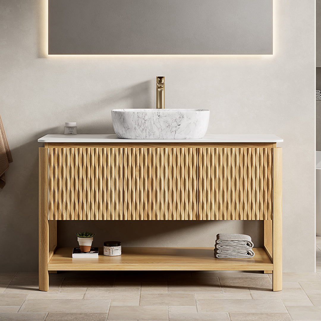 SHARMA 60" Bathroom Vanity&Sinks, Freestanding Plywood Storage Cabinet with 4 Bamboo Texture Doors&Open Shelf, 2 Marble Pattern Ceramic Basins&Carrara White Sintered Stone Top, Woodgrain Color