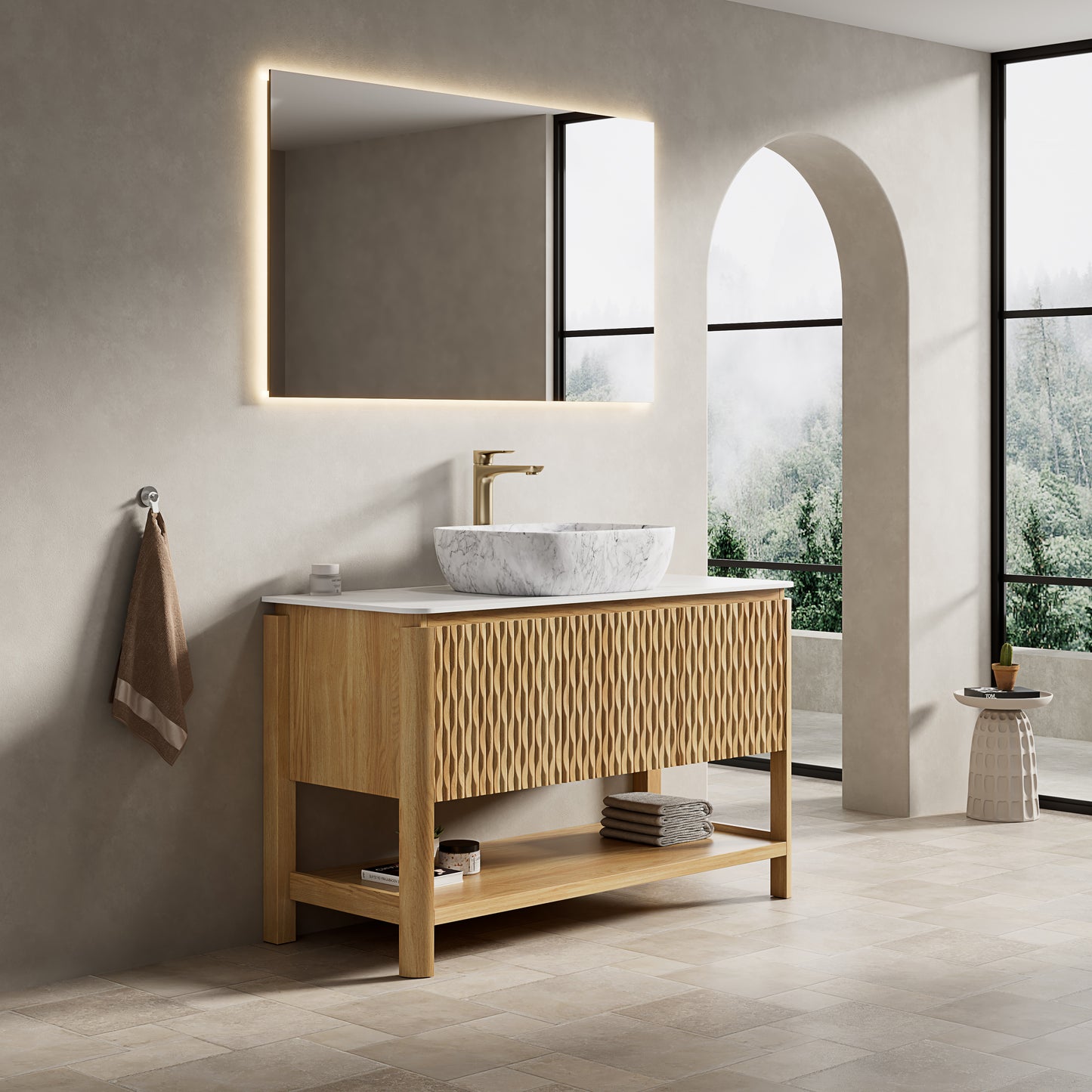 SHARMA 60" Bathroom Vanity&Sinks, Freestanding Plywood Storage Cabinet with 4 Bamboo Texture Doors&Open Shelf, 2 Marble Pattern Ceramic Basins&Carrara White Sintered Stone Top, Woodgrain Color