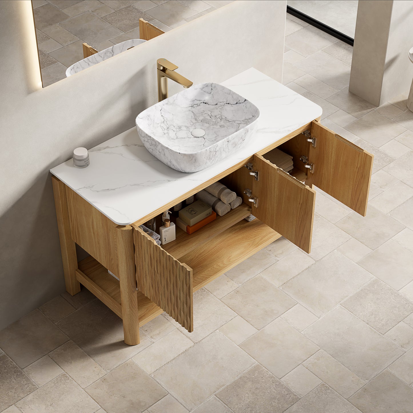 SHARMA 60" Bathroom Vanity&Sinks, Freestanding Plywood Storage Cabinet with 4 Bamboo Texture Doors&Open Shelf, 2 Marble Pattern Ceramic Basins&Carrara White Sintered Stone Top, Woodgrain Color