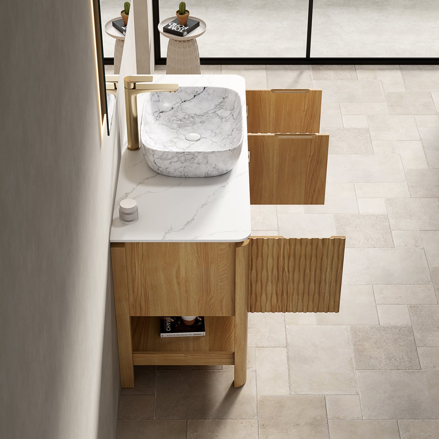 SHARMA 60" Bathroom Vanity&Sinks, Freestanding Plywood Storage Cabinet with 4 Bamboo Texture Doors&Open Shelf, 2 Marble Pattern Ceramic Basins&Carrara White Sintered Stone Top, Woodgrain Color