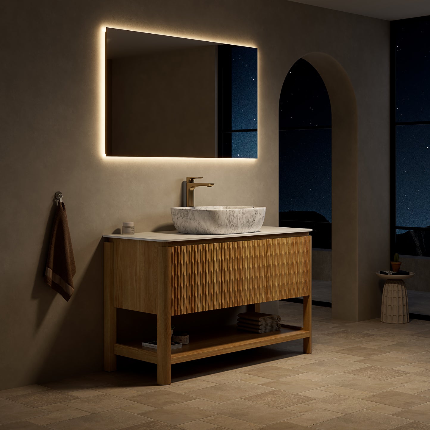 SHARMA 60" Bathroom Vanity&Sinks, Freestanding Plywood Storage Cabinet with 4 Bamboo Texture Doors&Open Shelf, 2 Marble Pattern Ceramic Basins&Carrara White Sintered Stone Top, Woodgrain Color