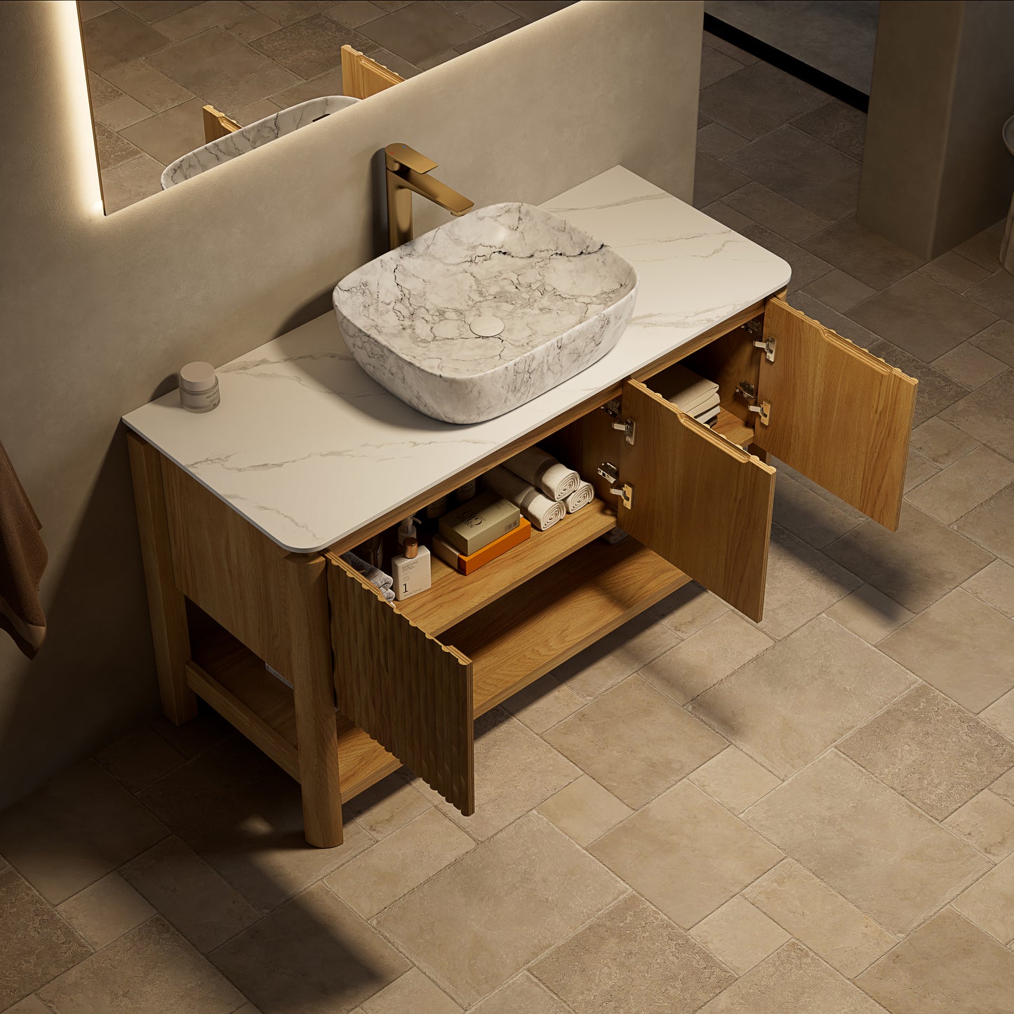 SHARMA 60" Bathroom Vanity&Sinks, Freestanding Plywood Storage Cabinet with 4 Bamboo Texture Doors&Open Shelf, 2 Marble Pattern Ceramic Basins&Carrara White Sintered Stone Top, Woodgrain Color