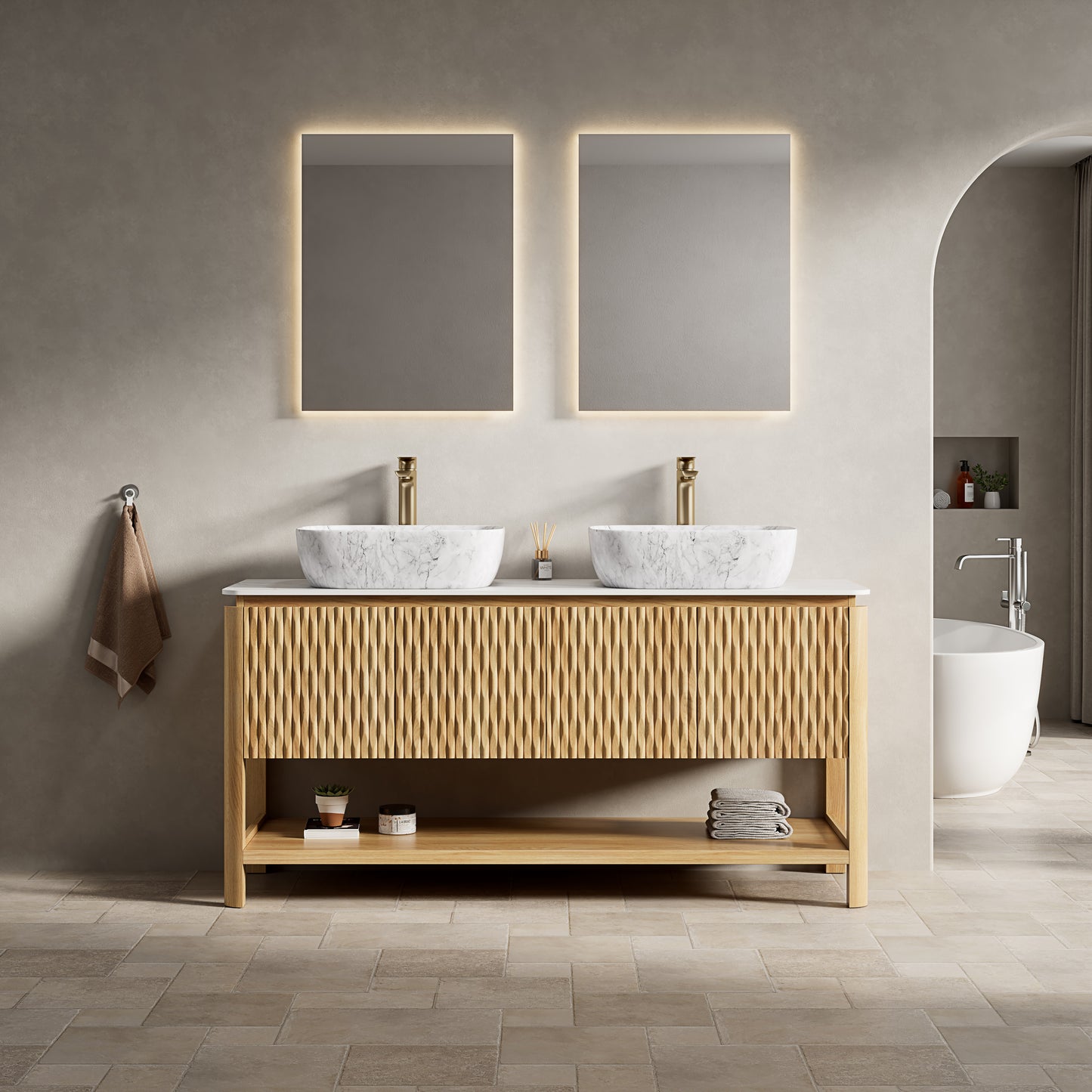 SHARMA 60" Bathroom Vanity&Sinks, Freestanding Plywood Storage Cabinet with 4 Bamboo Texture Doors&Open Shelf, 2 Marble Pattern Ceramic Basins&Carrara White Sintered Stone Top, Woodgrain Color