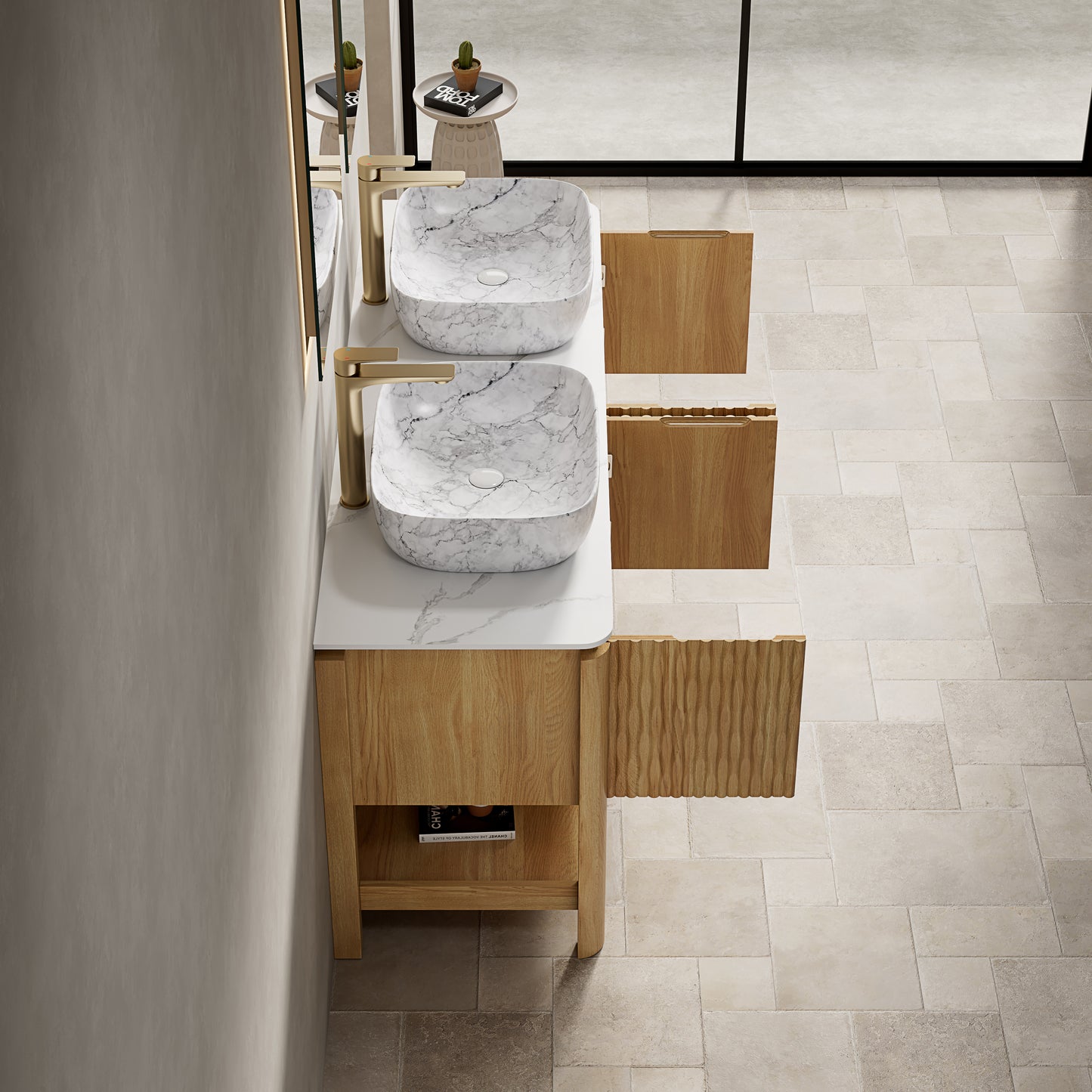 SHARMA 60" Bathroom Vanity&Sinks, Freestanding Plywood Storage Cabinet with 4 Bamboo Texture Doors&Open Shelf, 2 Marble Pattern Ceramic Basins&Carrara White Sintered Stone Top, Woodgrain Color