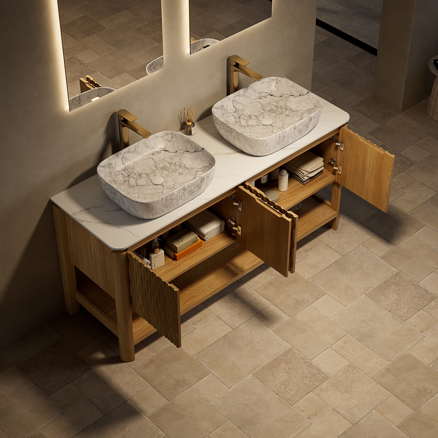 SHARMA 60" Bathroom Vanity&Sinks, Freestanding Plywood Storage Cabinet with 4 Bamboo Texture Doors&Open Shelf, 2 Marble Pattern Ceramic Basins&Carrara White Sintered Stone Top, Woodgrain Color