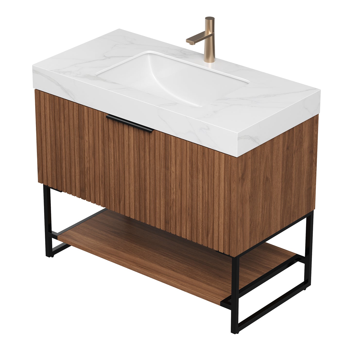 YOLAN 36" Badezimmer-Waschtisch und Waschbecken, freistehender gestreifter Sperrholz-Aufbewahrungsschrank mit Schublade und offenem Regal, Carrara-Weiß,