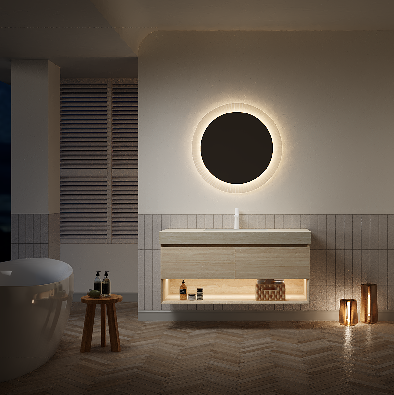 FRIGGA 30" Badezimmer-Waschtisch und Waschbecken, schwebender Sperrholz-Aufbewahrungsschrank, Schublade und Regal mit Sensorlicht