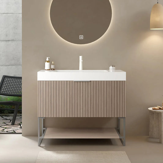 YOLAN Bathroom Vanity with Sink, Freestanding Plywood Striped Storage Cabinet