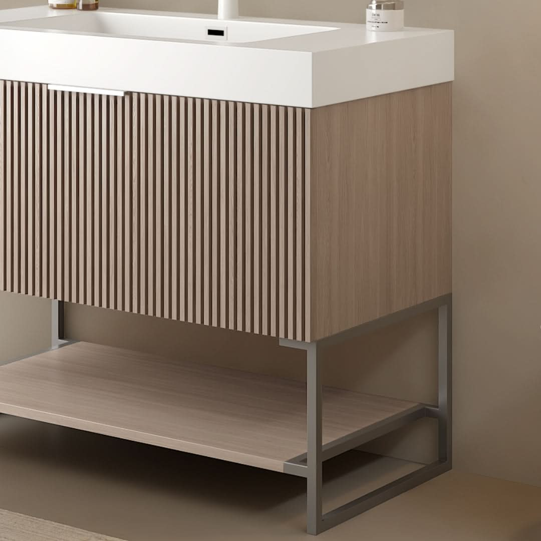 YOLAN Bathroom Vanity with Sink, Freestanding Plywood Striped Storage Cabinet