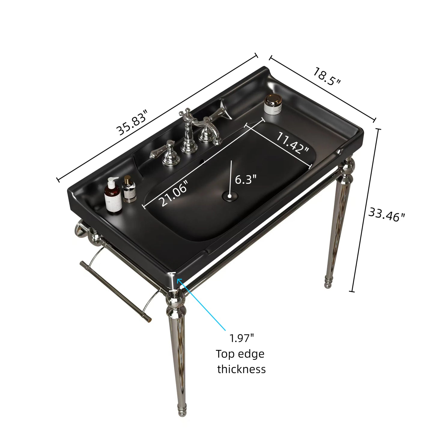 VICI 36" Badezimmer-Konsolenwaschbecken, wandmontiertes schwarzes Keramikwaschbecken mit 3 vorgebohrten Wasserhahnlöchern, freistehende Stützbeine aus Edelstahl mit Handtuchhalter 