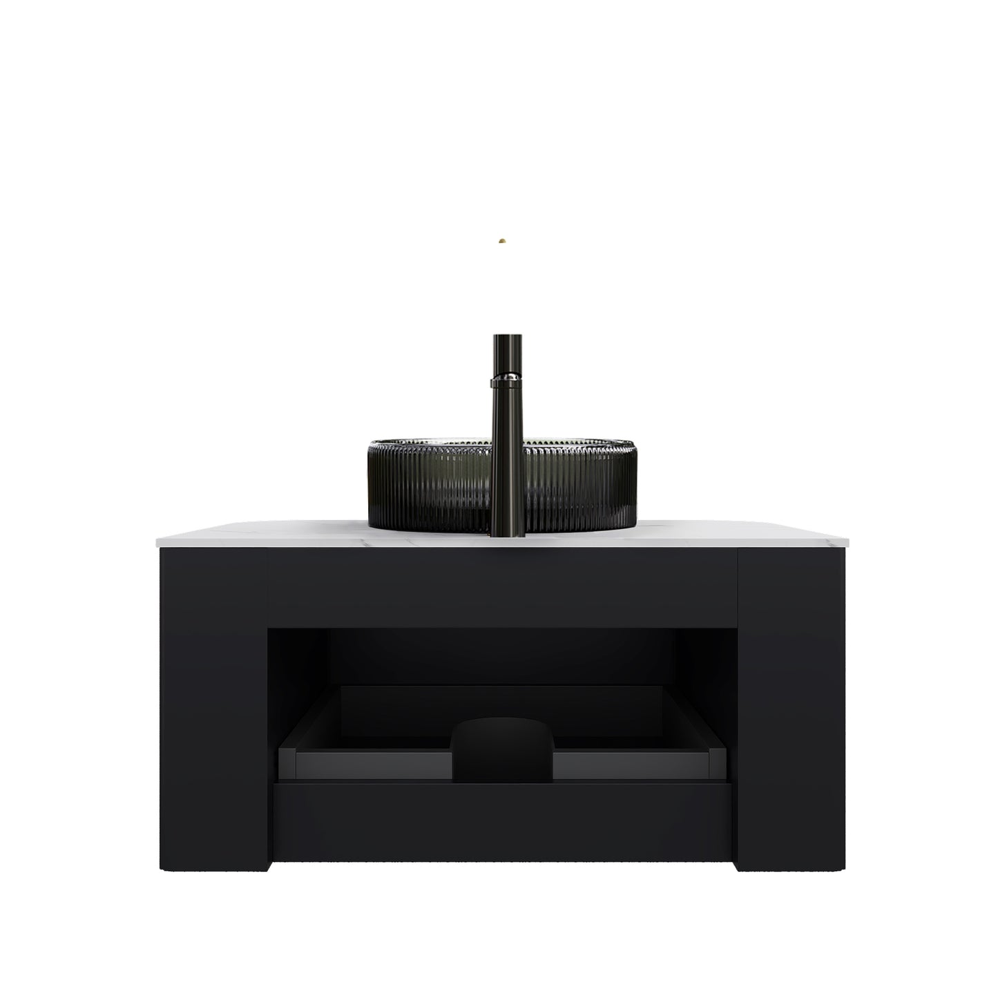 DINA 24" Bathroom Vanity with Sink, Wall-Mounted Curved Edges Striped Storage Cabinet with Drawer, Transparent Black Round Glass Basin and Countertop, Pre-assembled, Black Color