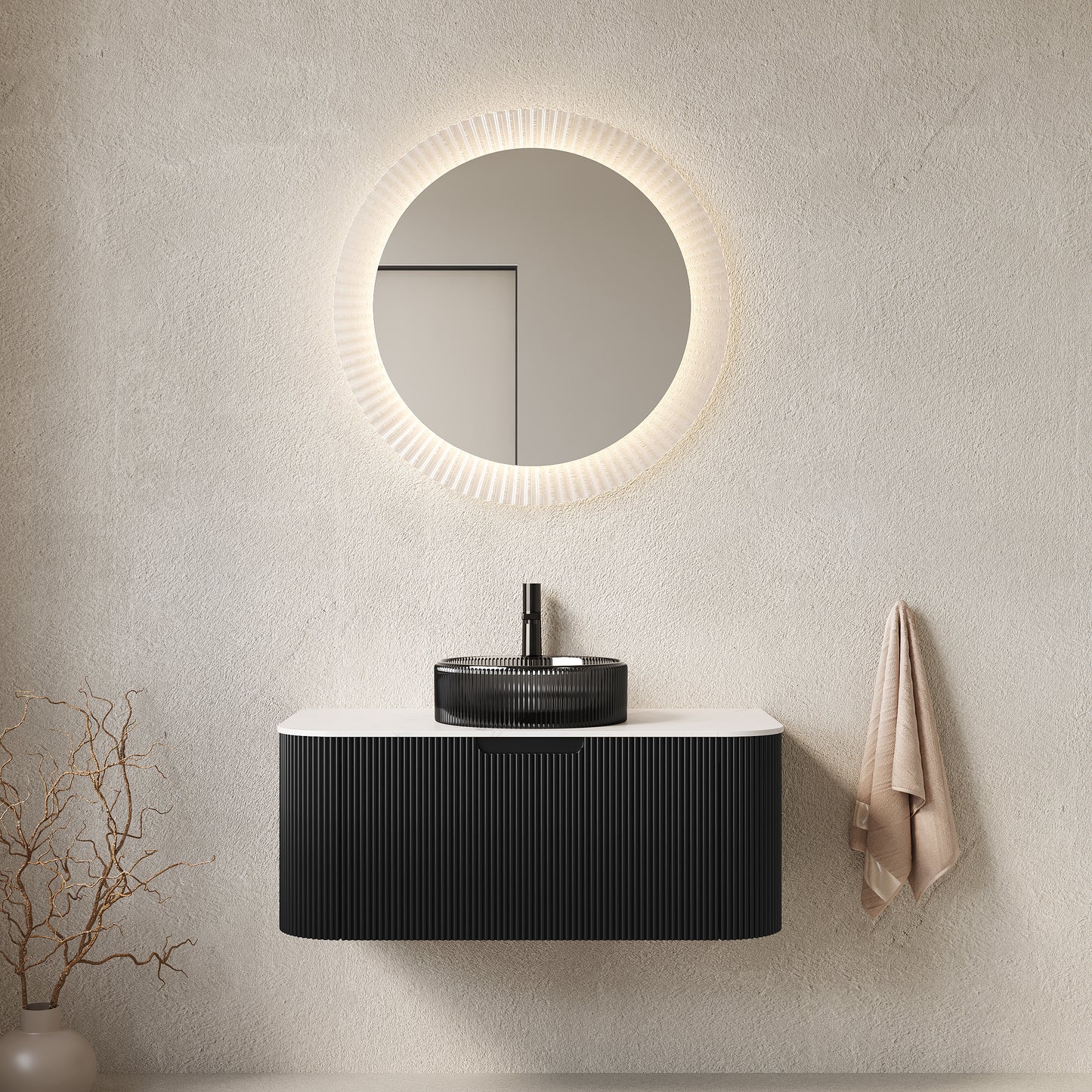 DINA 24" Bathroom Vanity with Sink, Wall-Mounted Curved Edges Striped Storage Cabinet with Drawer, Transparent Black Round Glass Basin and Countertop, Pre-assembled, Black Color