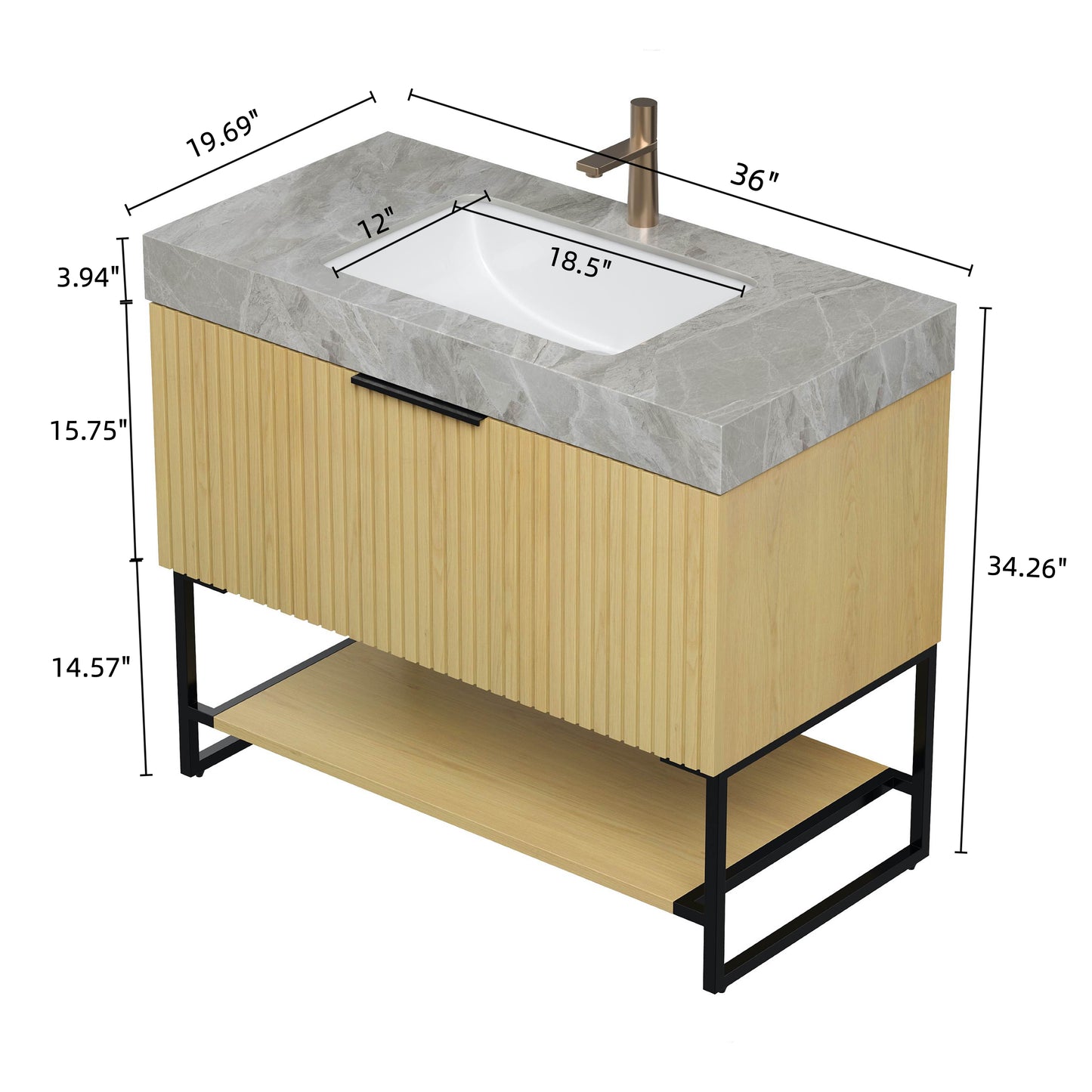YOLAN 30" Bathroom Vanity&Sink, Freestanding Striped Plywood Storage Cabinet with Drawer&Open Shelf, Light Gray Sintered Stone Top&Undermount Ceramic Basin