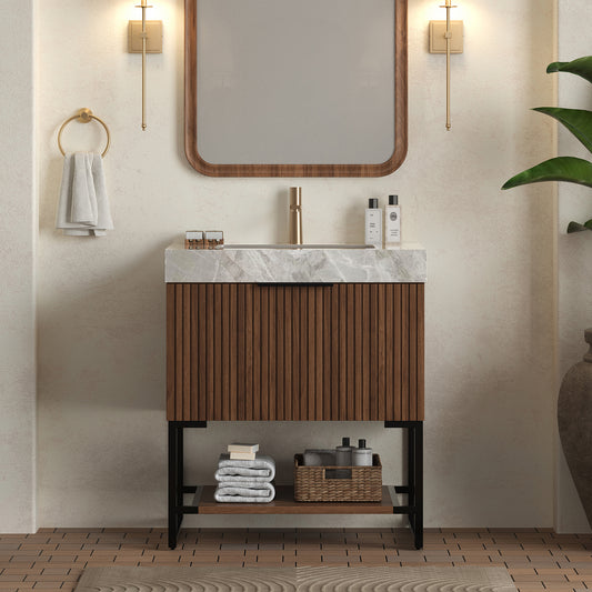 YOLAN 30" Bathroom Vanity&Sink, Freestanding Striped Plywood Storage Cabinet with Drawer&Open Shelf, Light Gray Sintered Stone Top&Undermount Ceramic Basin, Pre-assembled, Dark Walnut Woodgrain Color