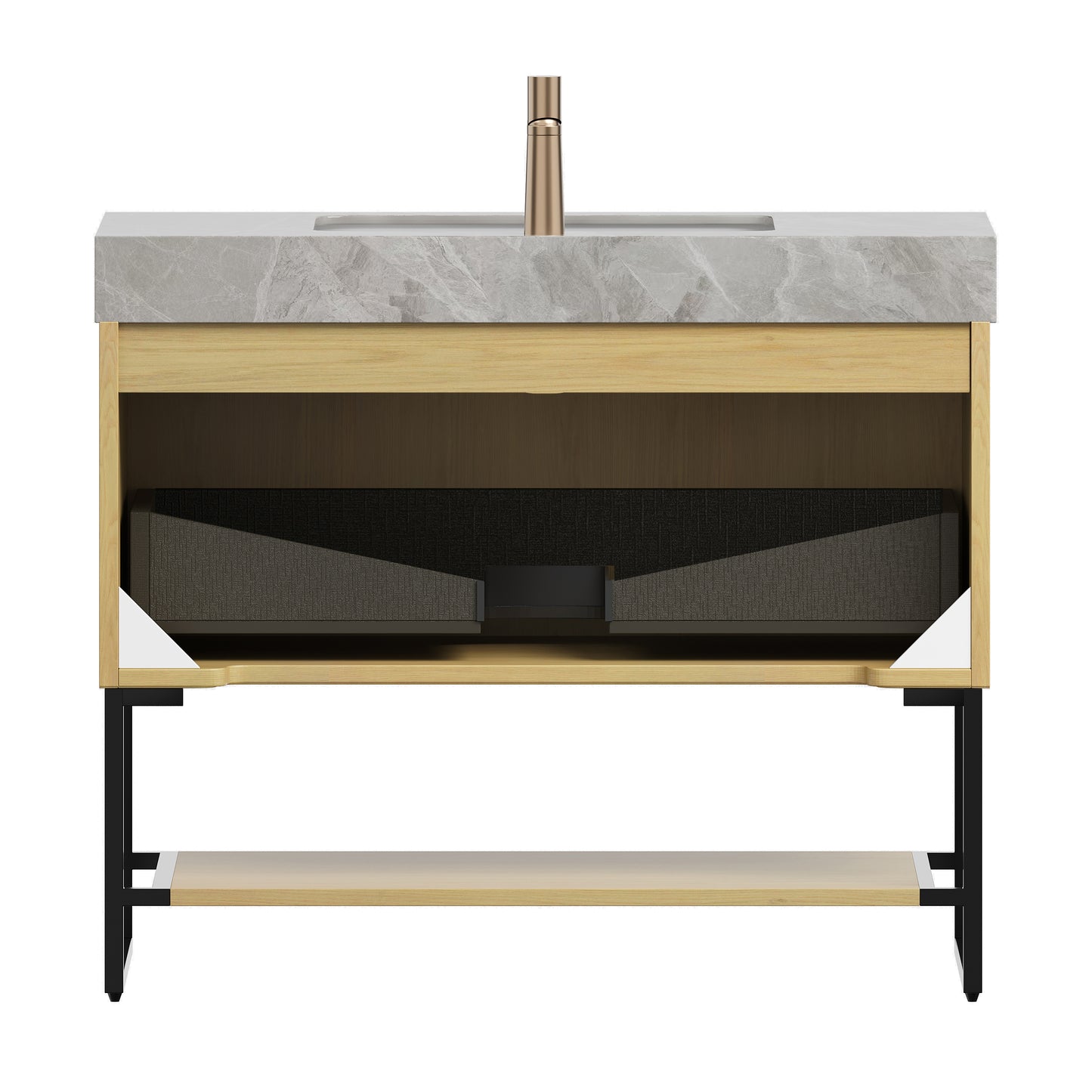 YOLAN 30" Bathroom Vanity&Sink, Freestanding Striped Plywood Storage Cabinet with Drawer&Open Shelf, Light Gray Sintered Stone Top&Undermount Ceramic Basin