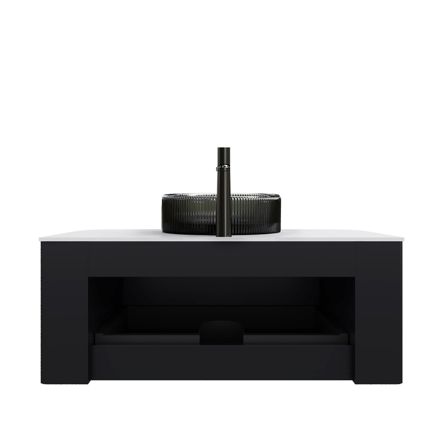 DINA 24" Bathroom Vanity with Sink, Wall-Mounted Curved Edges Striped Storage Cabinet with Drawer, Transparent Black Round Glass Basin and Countertop, Pre-assembled, Black Color